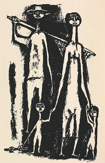 Stonecut of family of fishers. The father has a net on his shoulder. The mother holds 2 children by the hand. Stonecut of family of fishers. The father has a net on his shoulder. The mother holds 2 children by the hand.