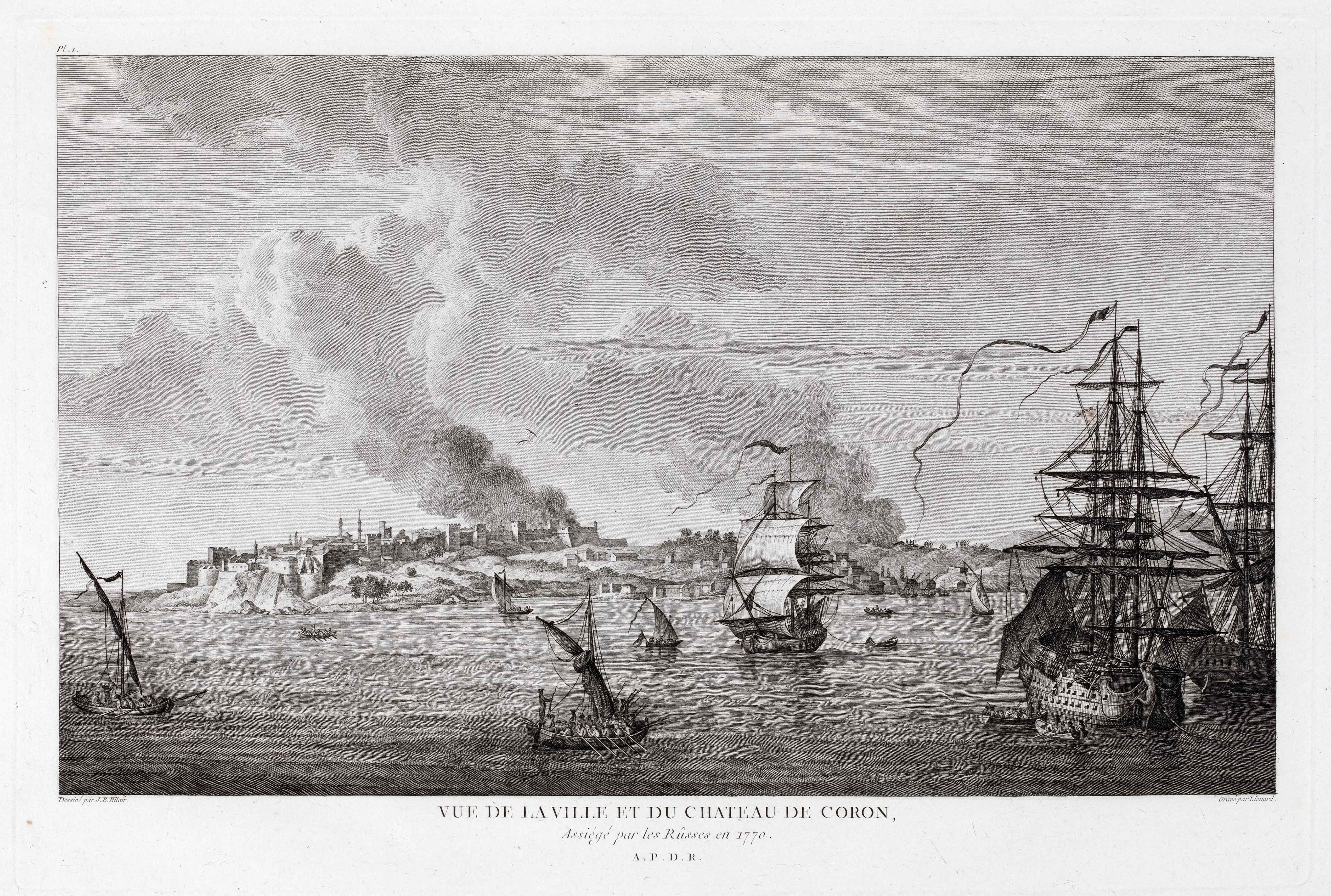 Page of the book Voyage pittoresque de la Grèce. Ships, the castle and the town of Koroni are depicted. Page of the book Voyage pittoresque de la Grèce, Tome 1