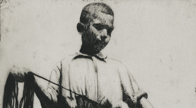 Detail of a young boy standing, holding a coiled rope. Detail of a young boy standing, holding a coiled rope.