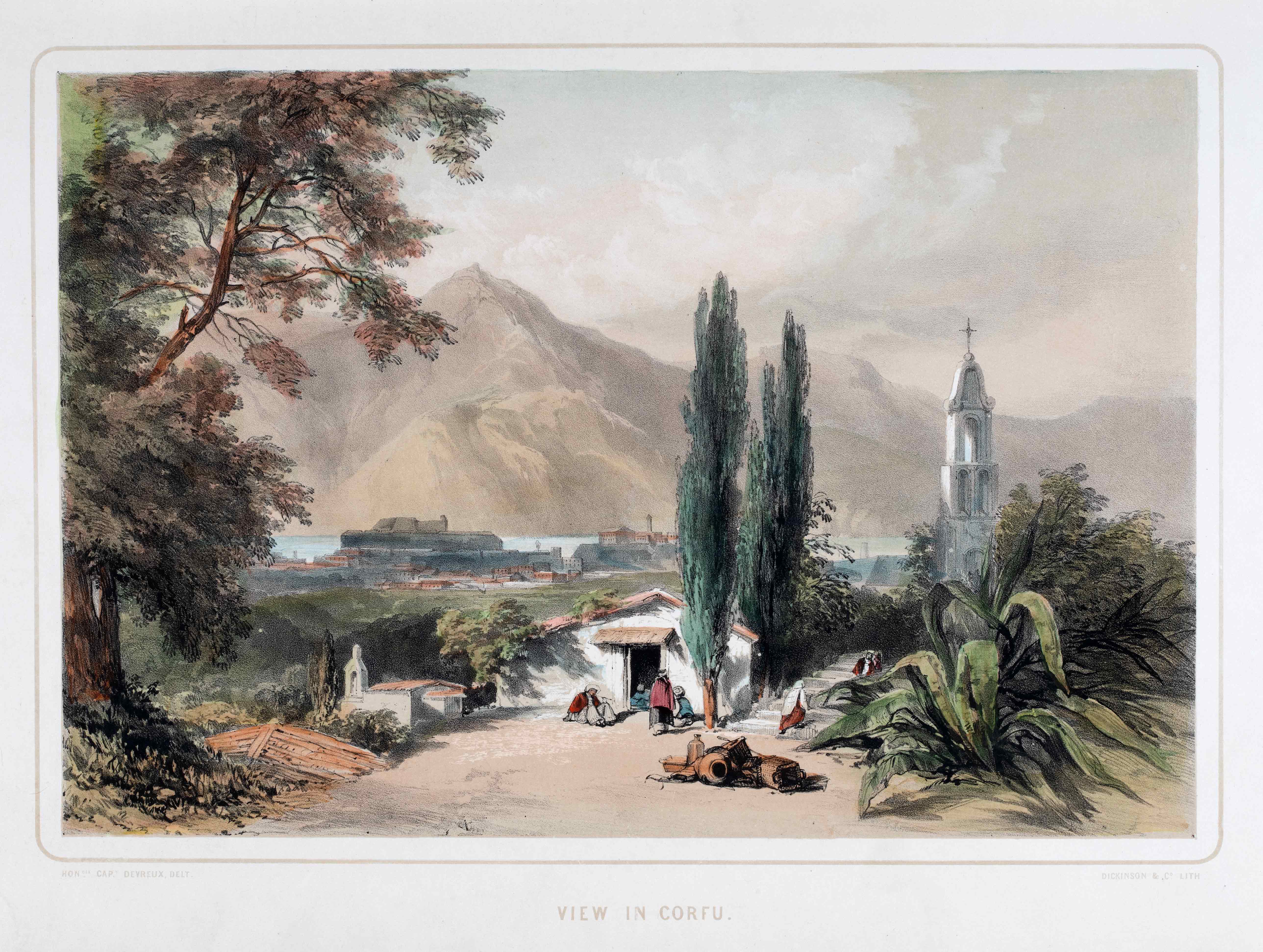 Σελίδα του Views on the Shores of the Mediterranean με έγχρωμη εικόνα της Κέρκυρας. Διακρίνεται το όρος Παντοκράτορας.   Σελίδα του βιβλίου Views on the Shores of the Mediterranean