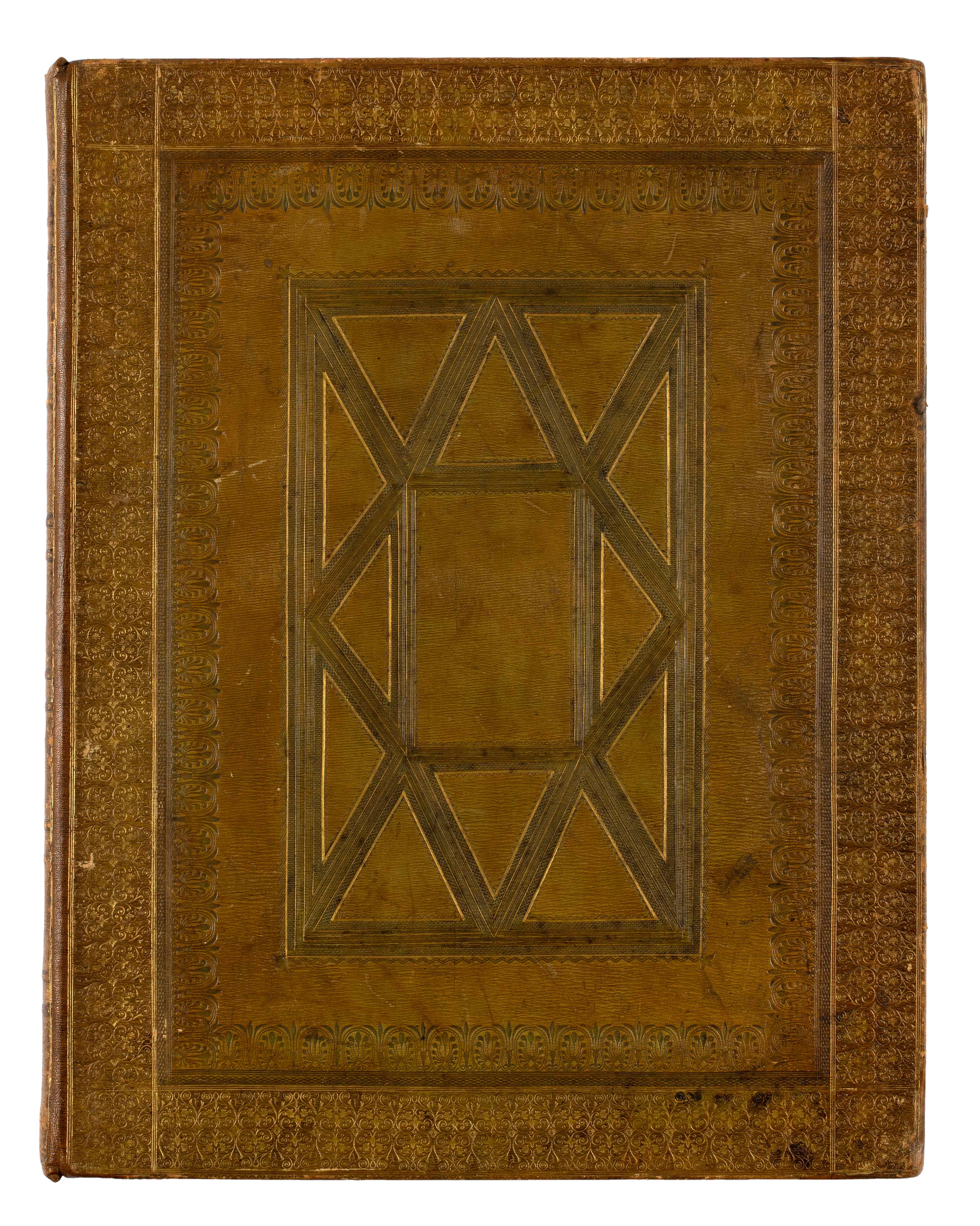 Book with brown cover and decorative elements. Views in Greece, from Drawings