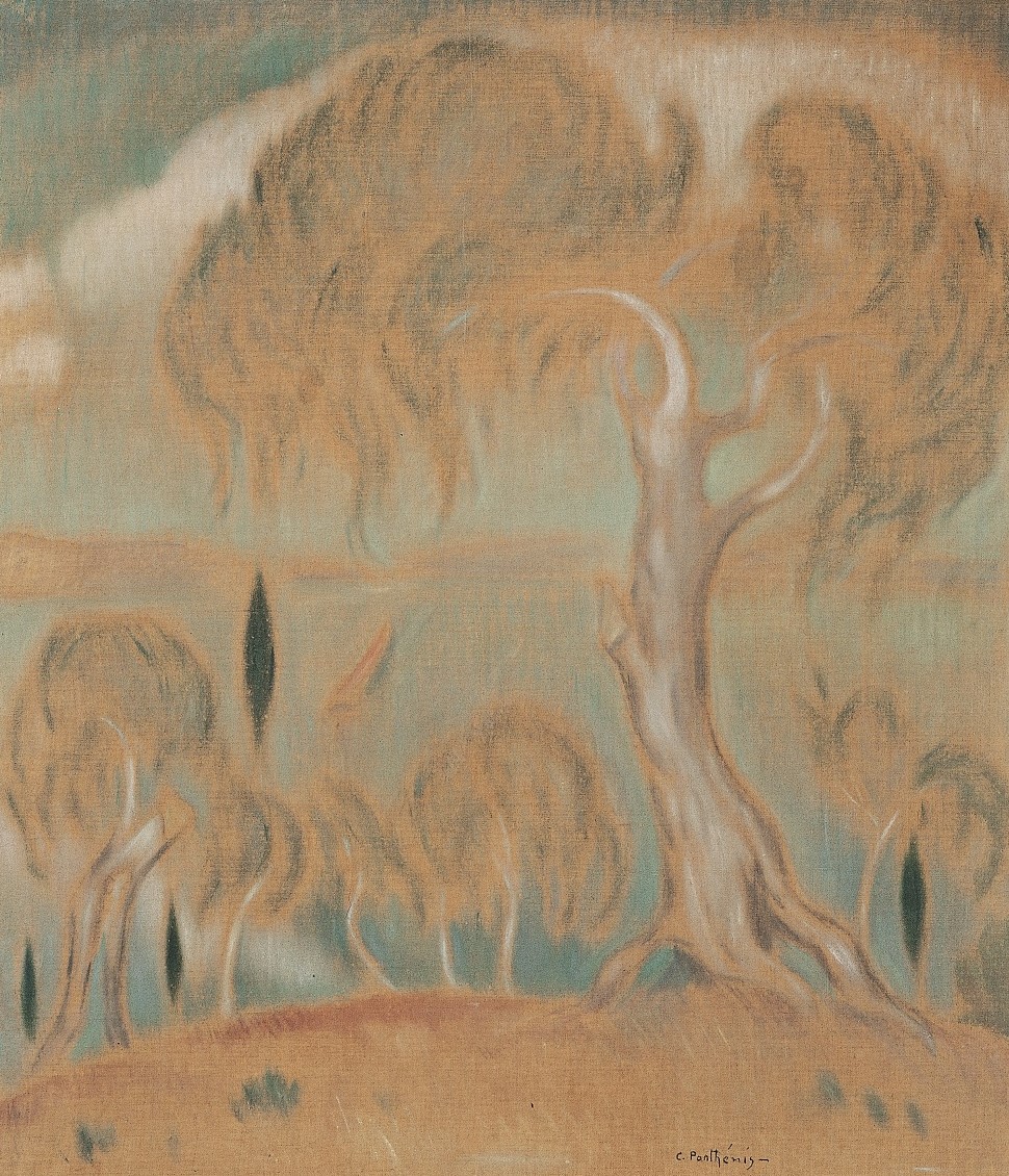 Πίνακας με λόφο και δέντρο με πορτοκαλί φύλλα. Στο βάθος λίμνη, ουρανός με σύννεφα και πορτοκαλί λόφοι. «Κωνσταντίνος Παρθένης. Η ιδανική Ελλάδα της ζωγραφικής του»