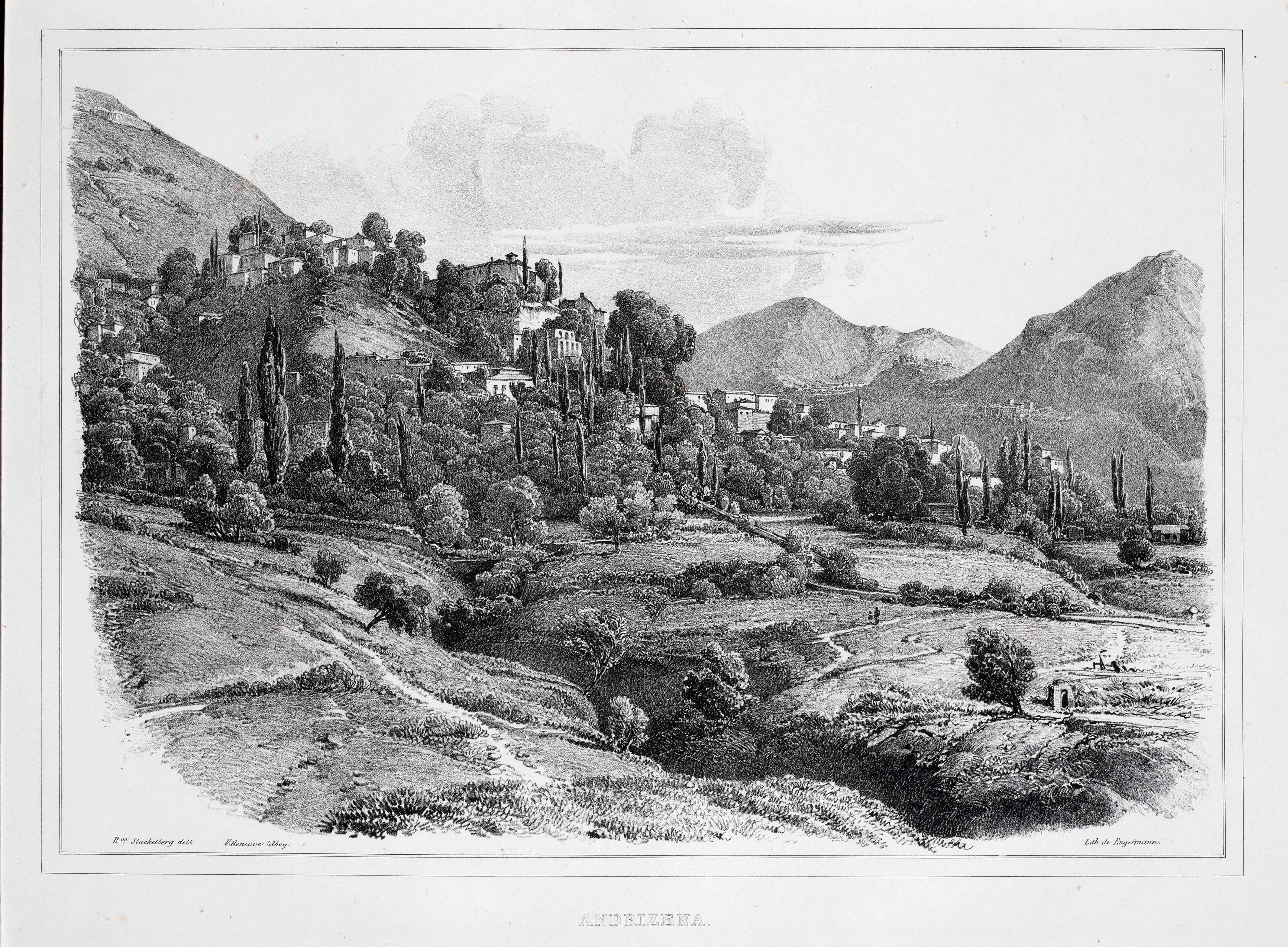 Σελίδα του 1ου τόμου του La Grèce: vues pittoresques et topographiques με άποψη της Ανδρίτσαινας Ηλείας. Σελίδα του La Grèce: vues pittoresques et topographiques – Τόμος 1
