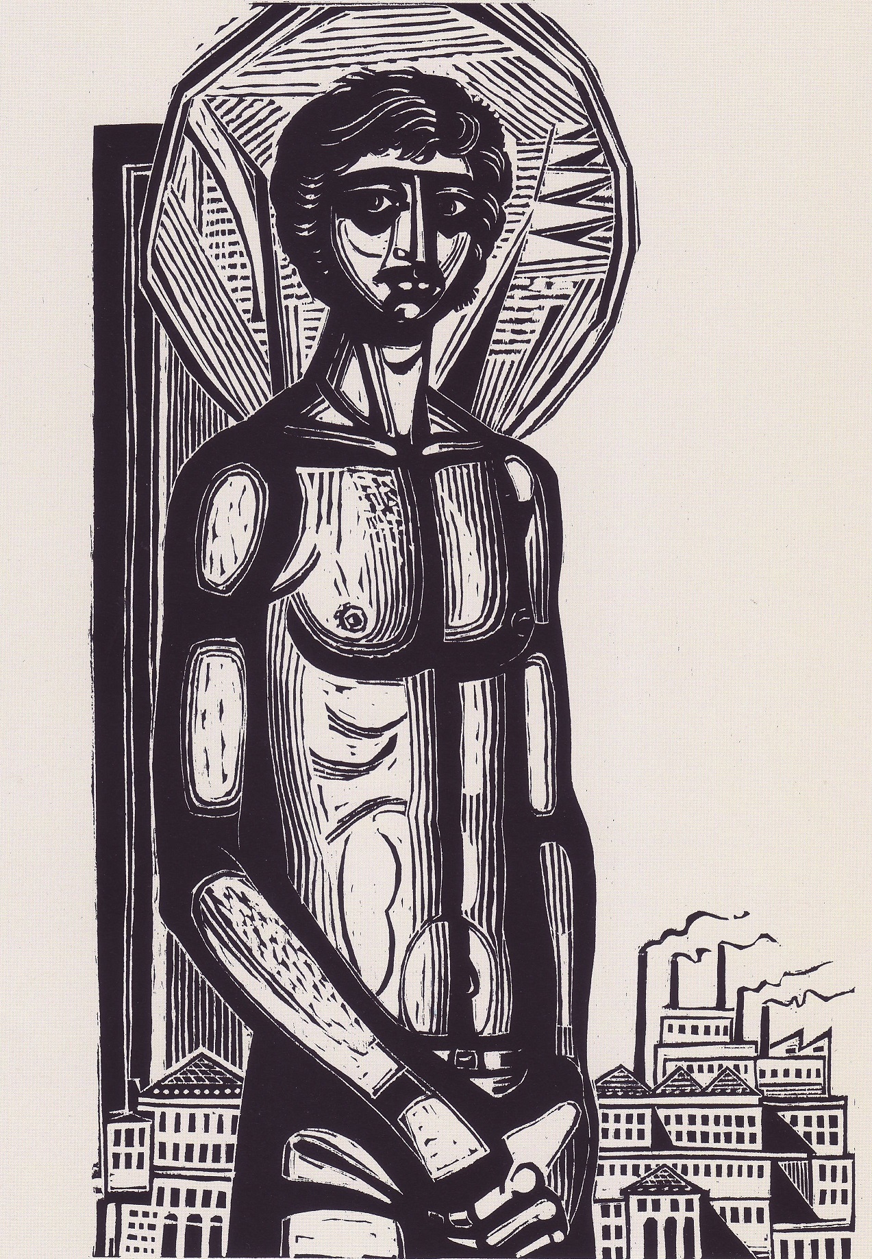 The frontispiece of the book, with the dead young man as a Byzantine figure with a halo and factories in the background. 