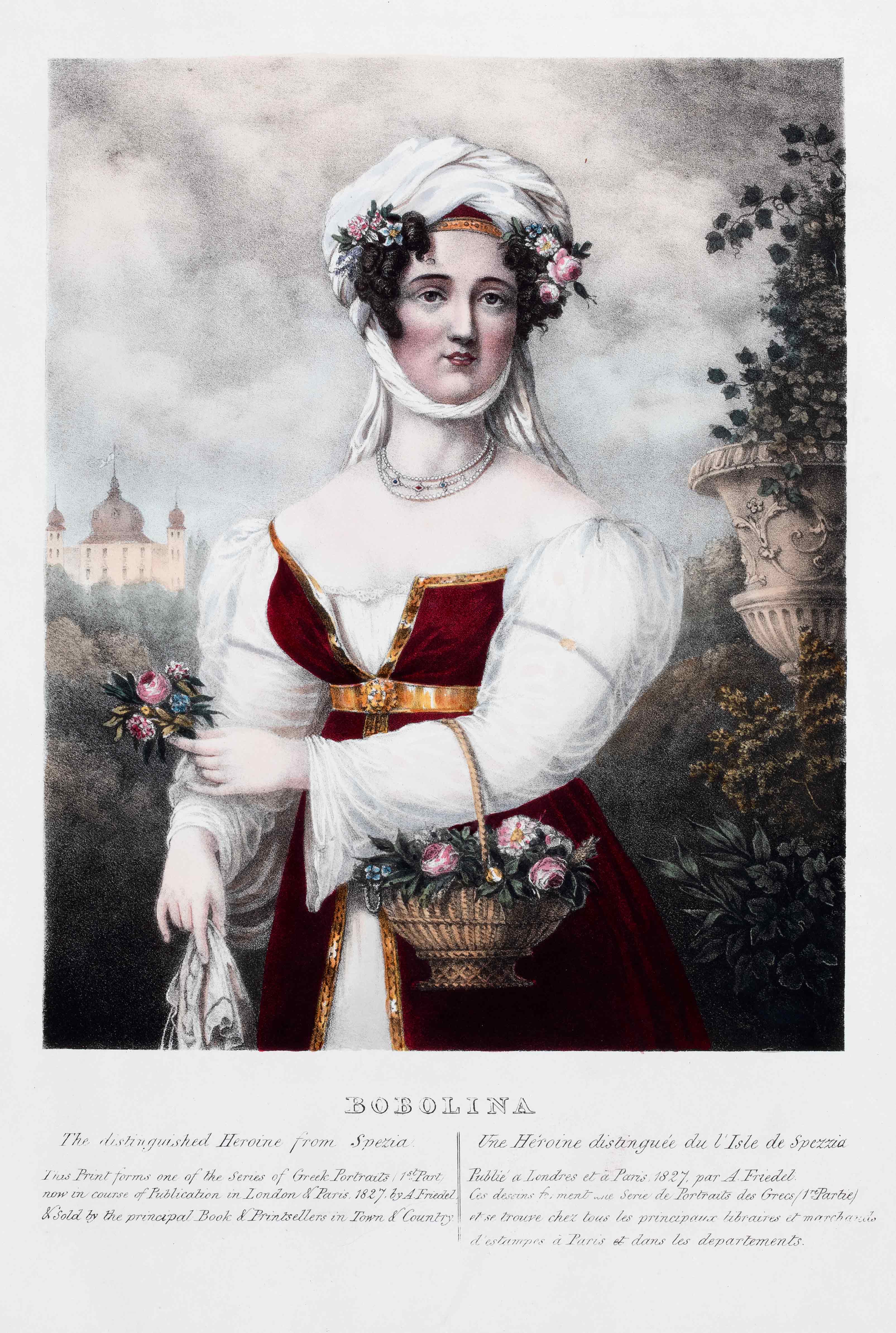 A page of the book Heroes of the Greek Revolution showing a colour, full-body portrait of Bouboulina holding a flower.   Page of the book Heroes of the Greek Revolution