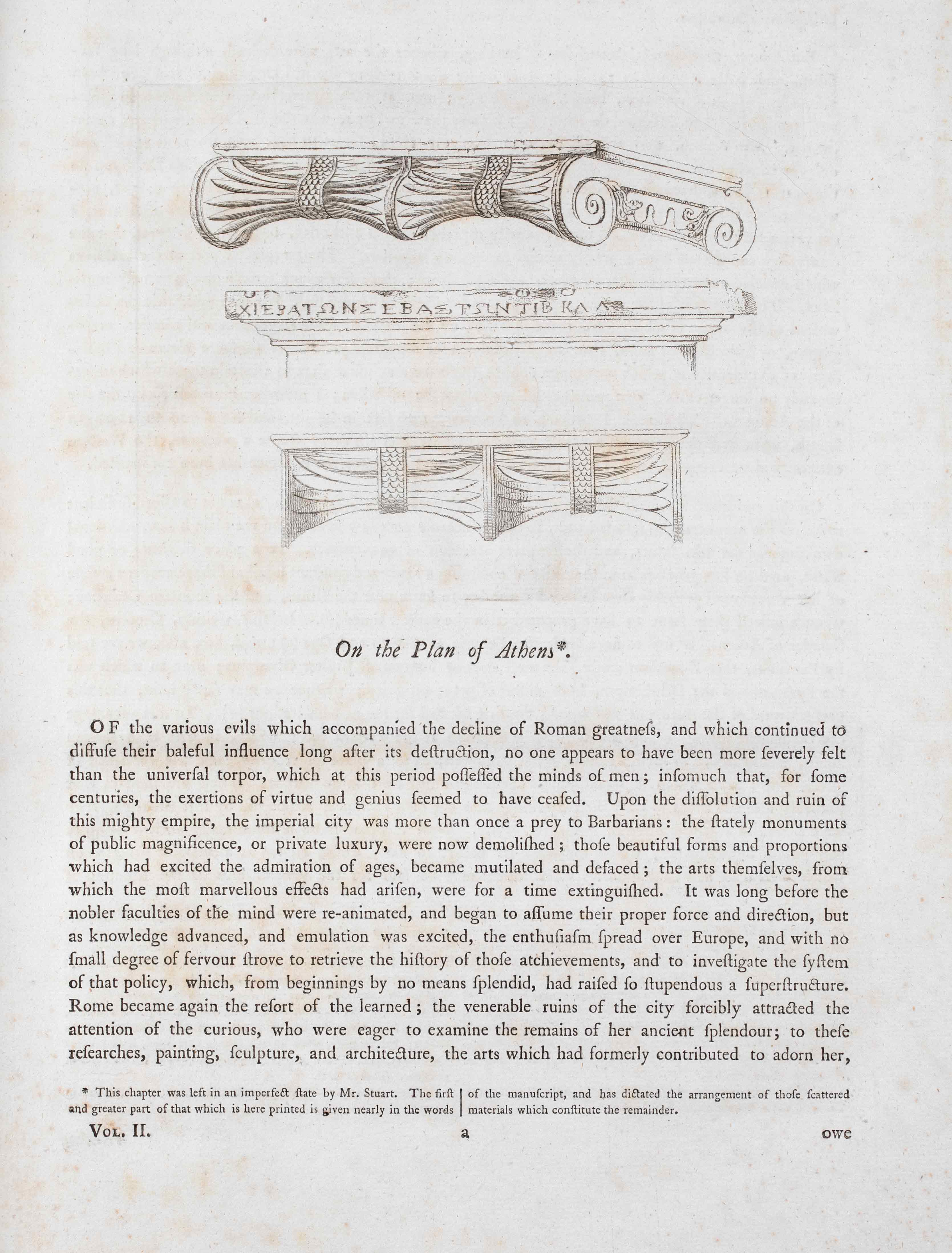 Σχέδια από αρχαία ελληνικά κιονόκρανα και εκτενές κείμενο.  Σελίδα του βιβλίου The Antiquities of Athens. Volume the Third
