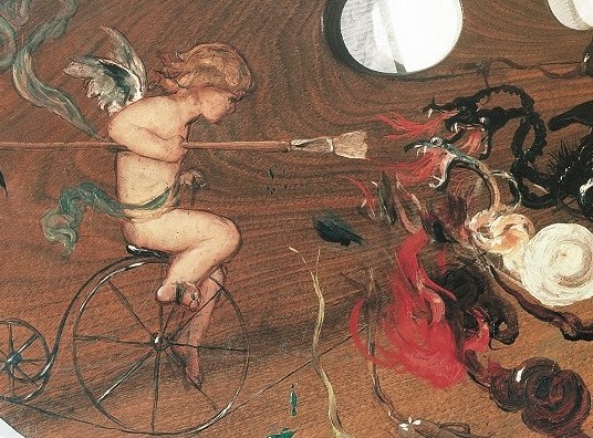 Λεπτομέρεια σύνθεσης. Ο μικρός θεός Έρωτας πολεμά δράκους με πινέλο πάνω σε ποδήλατο.  Λεπτομέρεια σύνθεσης. Ο μικρός θεός Έρωτας πολεμά δράκους με πινέλο πάνω σε ποδήλατο.
