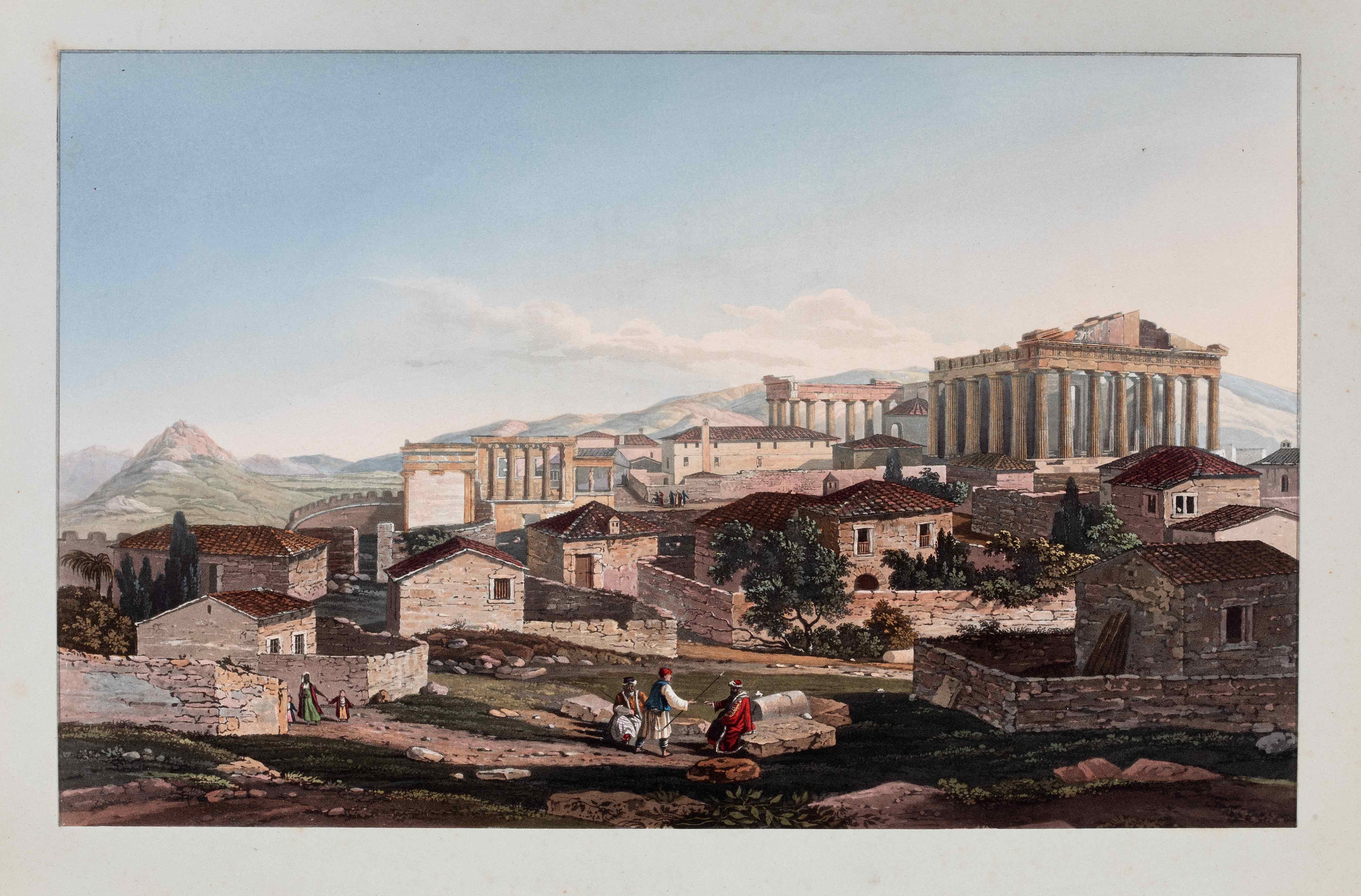 Painting of pre-revolutionary Greece, with houses and ancient monuments. Painting from the book Views in Greece, from Drawings