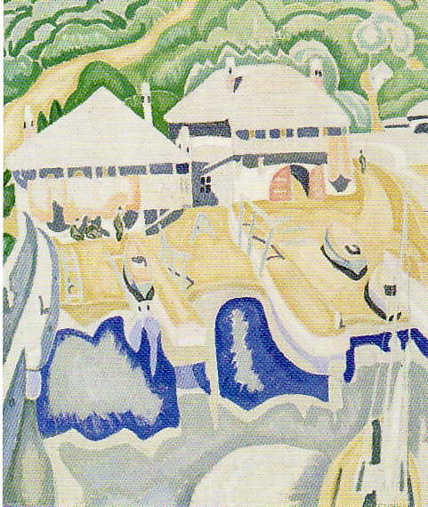 At the centre, 2 traditional buildings in light beige tones. Behind them, a forest. Before them, boats and the sea. Arsanas of Agios Gregorios Monastery by Spyros Papaloukas