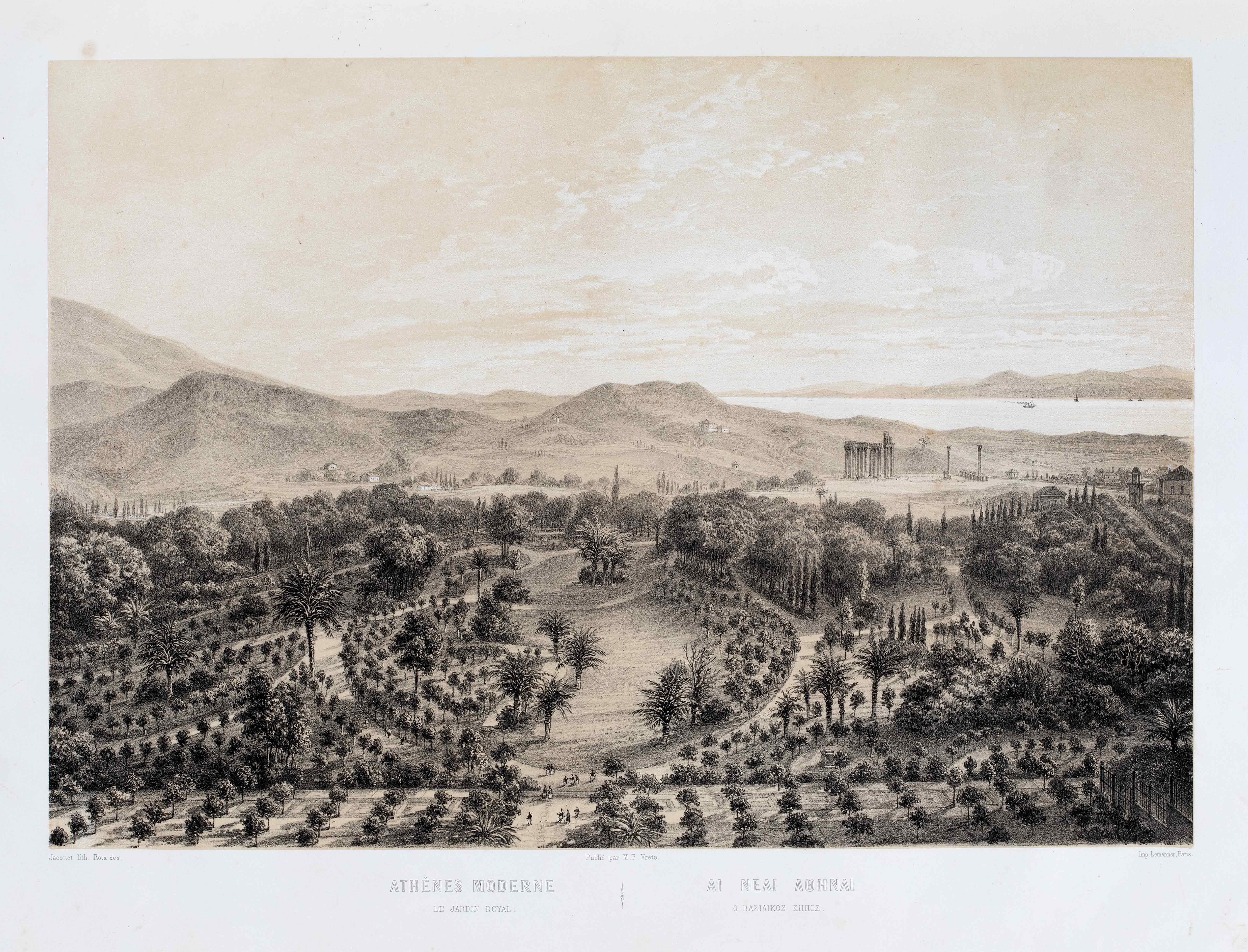 Etching of the Royal Garden of Athens. The Temple of Olympian Zeus and the sea in the background. Picture from the book Modern Athens