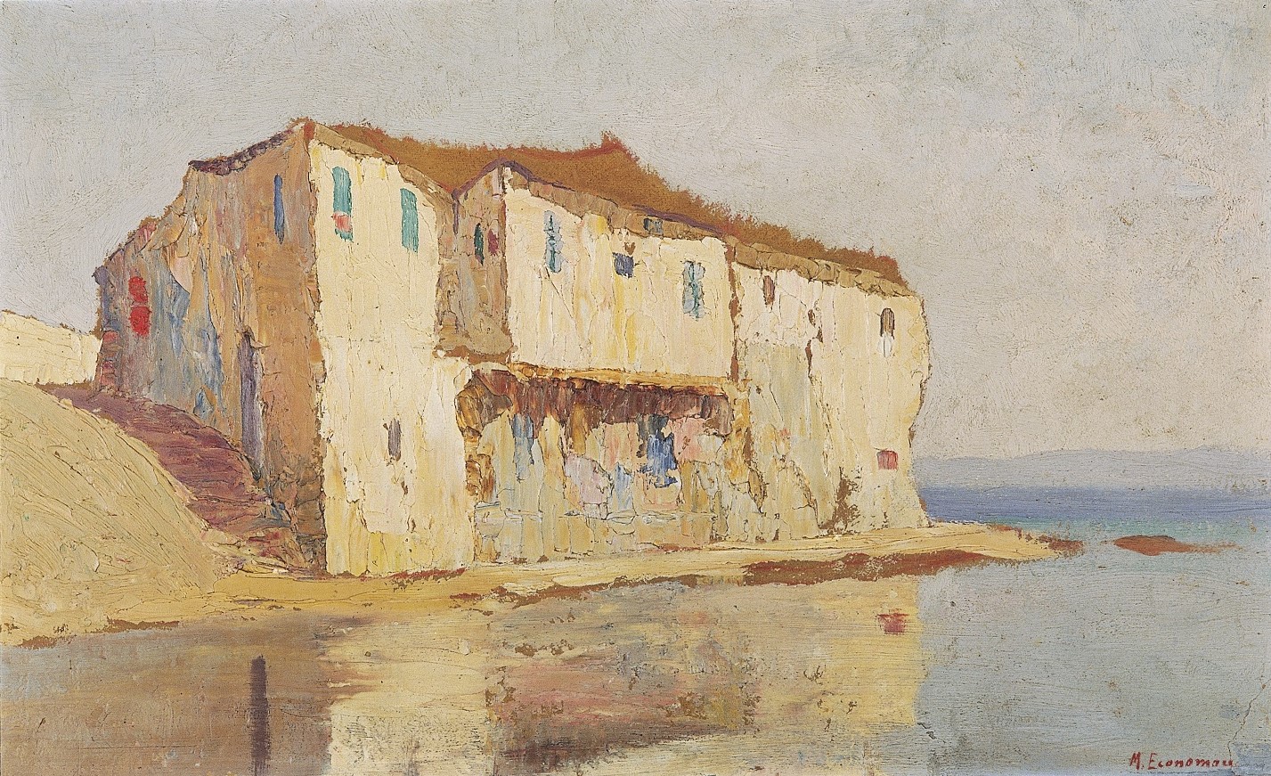 Διώροφο μπεζ σπίτι με κλειστά μπλε παράθυρα δίπλα στη θάλασσα. Ο πίνακας «Σπίτι στη Νότιο Γαλλία»