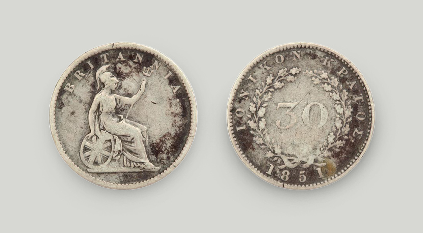 Silver 30-cent coin issued by the Ionian government 