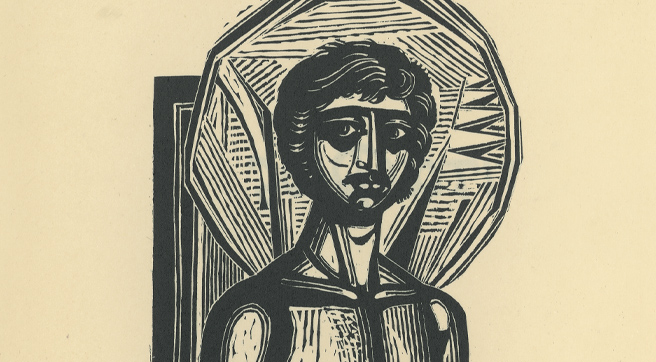 Detail of the frontispiece of the book, with the dead young man as a Byzantine figure with a halo.