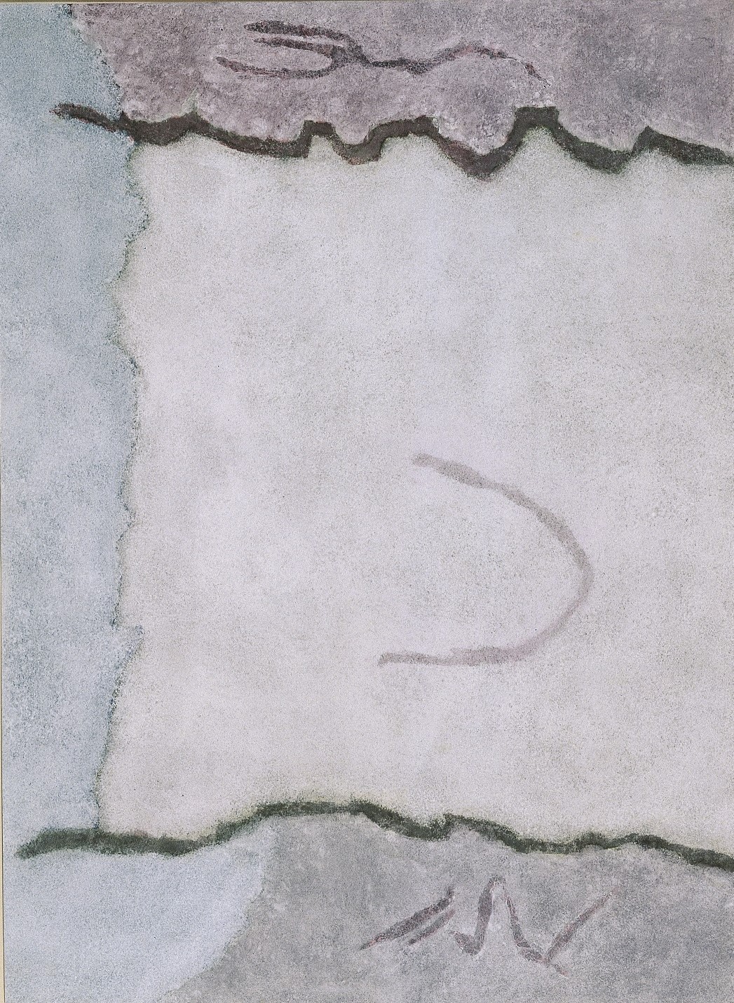 Χρωματισμένη επιφάνεια σε μπεζ και γκρι τόνους που τη διασχίζουν 2 παράλληλες καφέ κυματιστές γραμμές. Πίνακας Ατέρμονο Πεδίο για τον Φρήντριχ του Θεόδωρου Στάμου