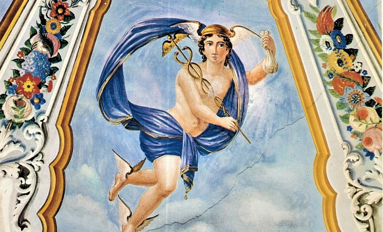 Λεπτομέρεια του εξωφύλου με τοιχογραφία που απεικονίζει τον θεό Ερμή.   Λεπτομέρεια του εξωφύλου με τοιχογραφία που απεικονίζει τον θεό Ερμή.