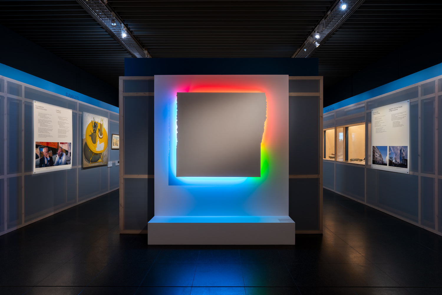 Exhibits and the work On the Third Day by Stephen Antonakos, from the J.F. Costopoulos Foundation collection. Culture and Society Section