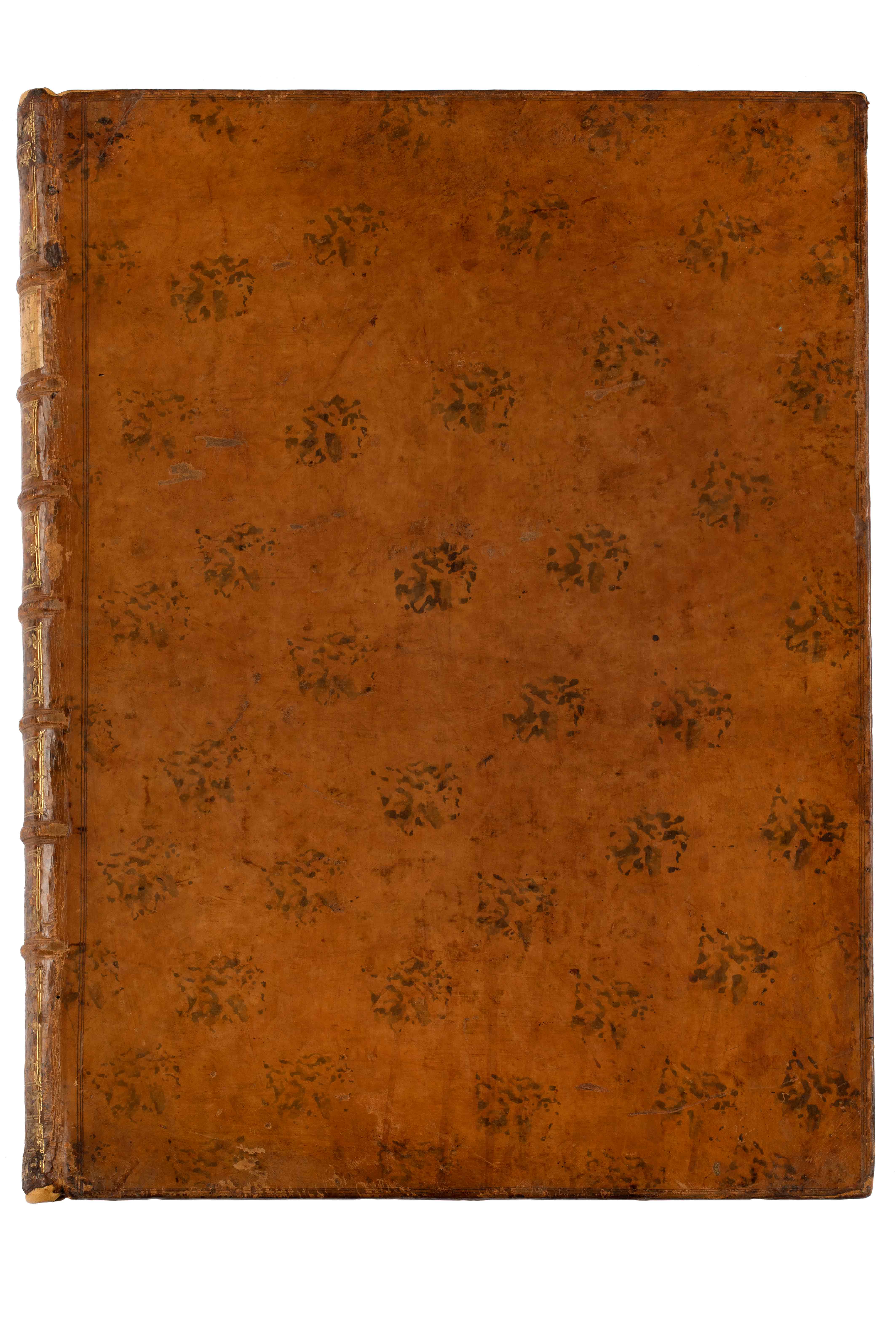 The book Les Ruines les plus beaux de la Grèce with brown leather cover. Cover page of Les Ruines les plus beaux de la Grèce