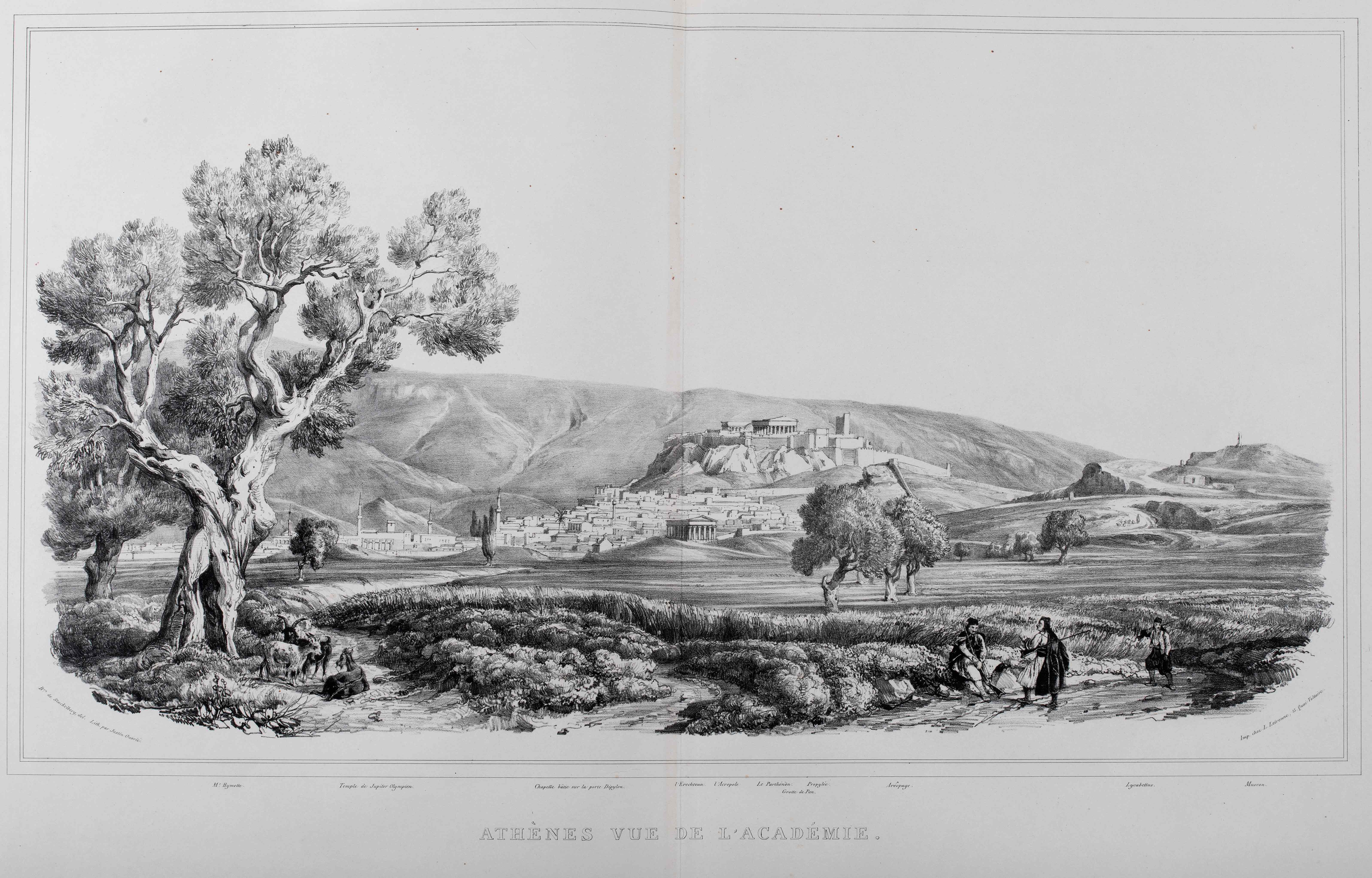 Σελίδα του 2ου τόμου με γκραβούρα της Αθήνας. Διακρίνεται η Ακρόπολη, μιναρέδες, άνθρωποι και ζώα. Σελίδα του βιβλίου La Grèce: vues pittoresques et topographiques – Τόμος 2