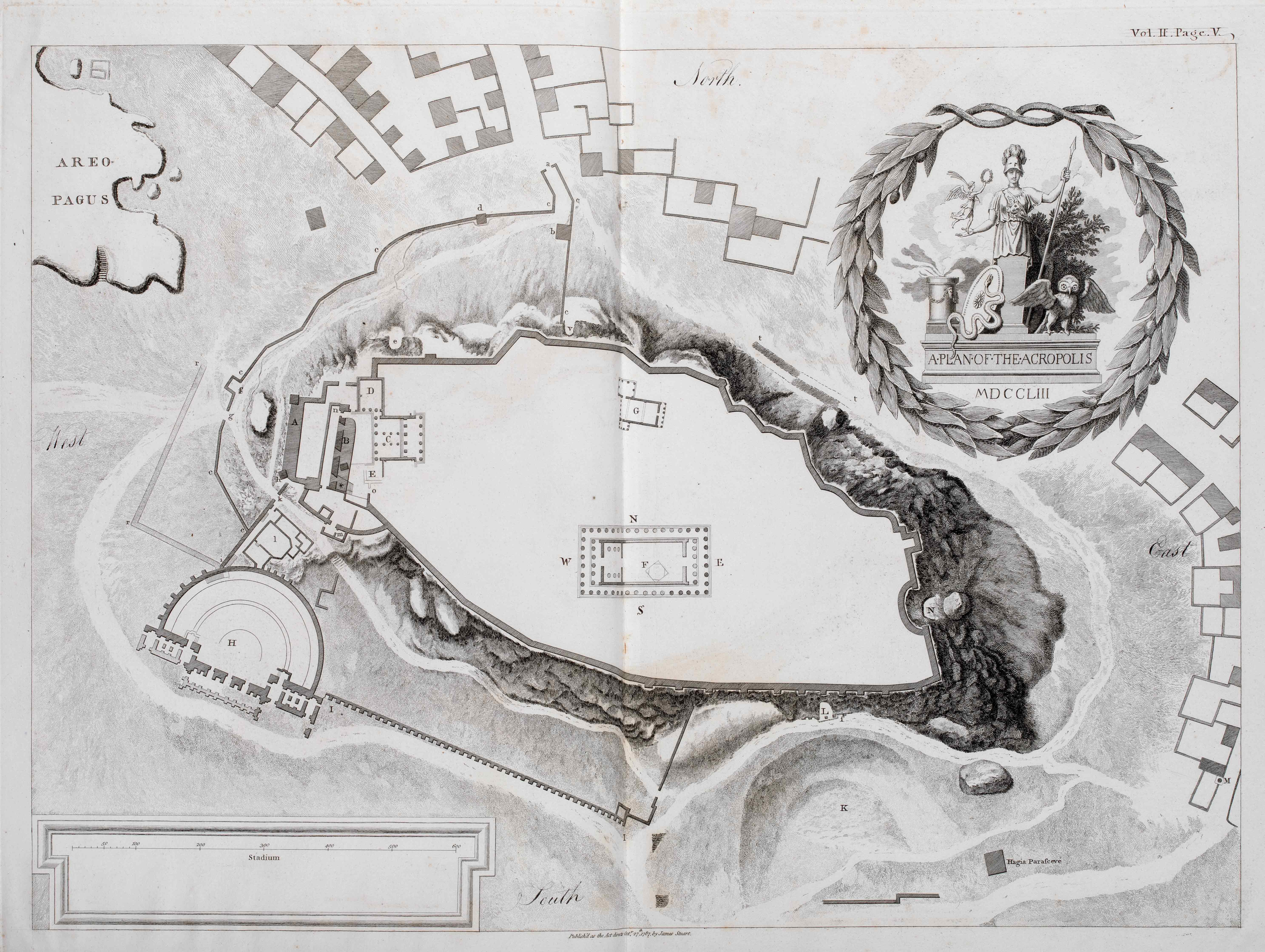 Layout of the archaeological site of the Acropolis.  Page from the book The Antiquities of Athens. Volume the Second