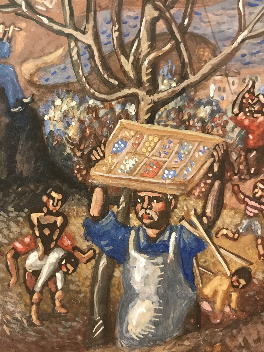 Farmers at work, children playing on a field and man playing the flute.  Farmers at work, children playing on a field and man playing the flute.