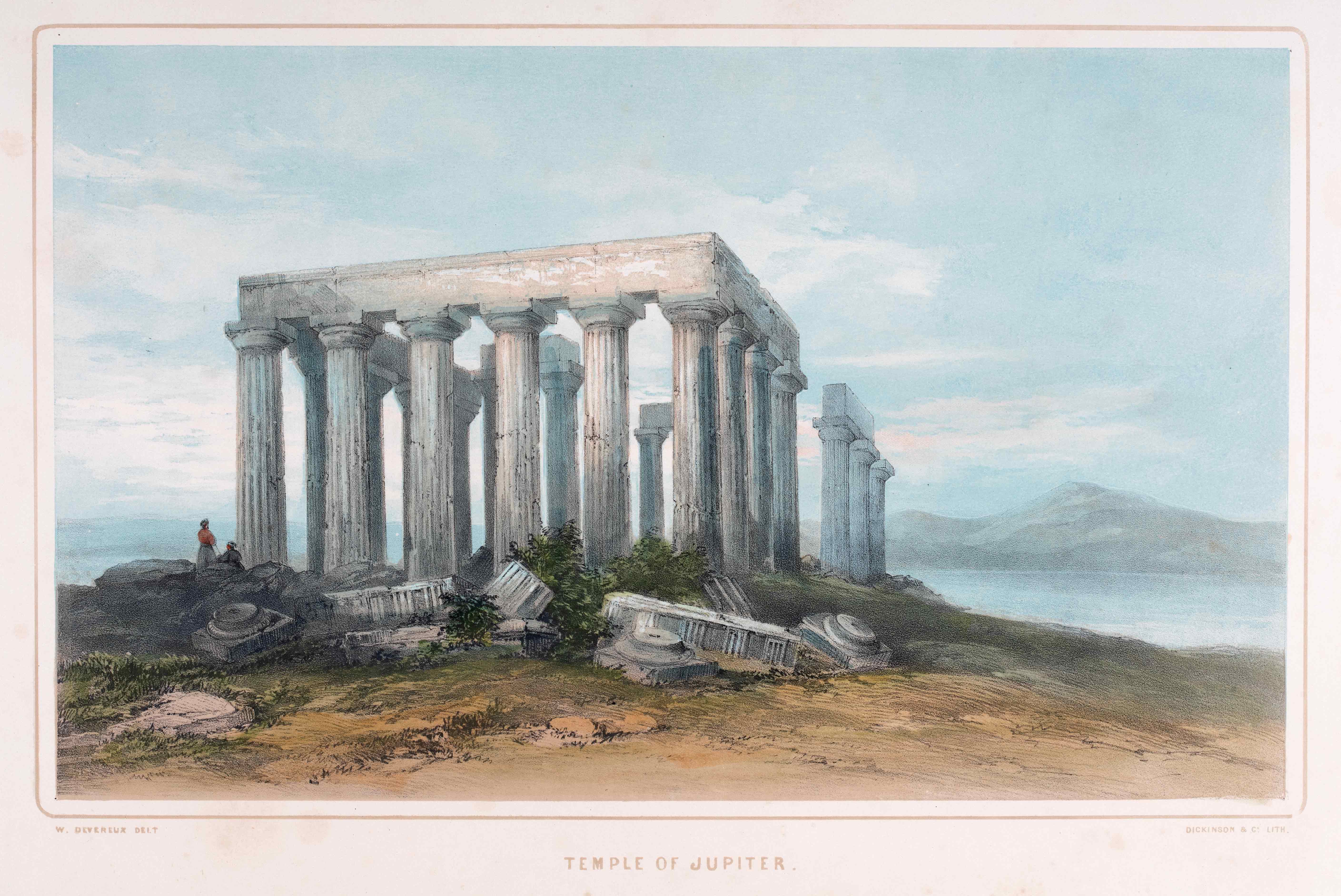 Σελίδα του Views on the Shores of the Mediterranean με έγχρωμη εικόνα ναού του Δία.  Σελίδα του βιβλίου Views on the Shores of the Mediterranean