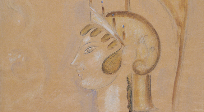 Detailed side view of goddess Athena, wearing a helmet. 