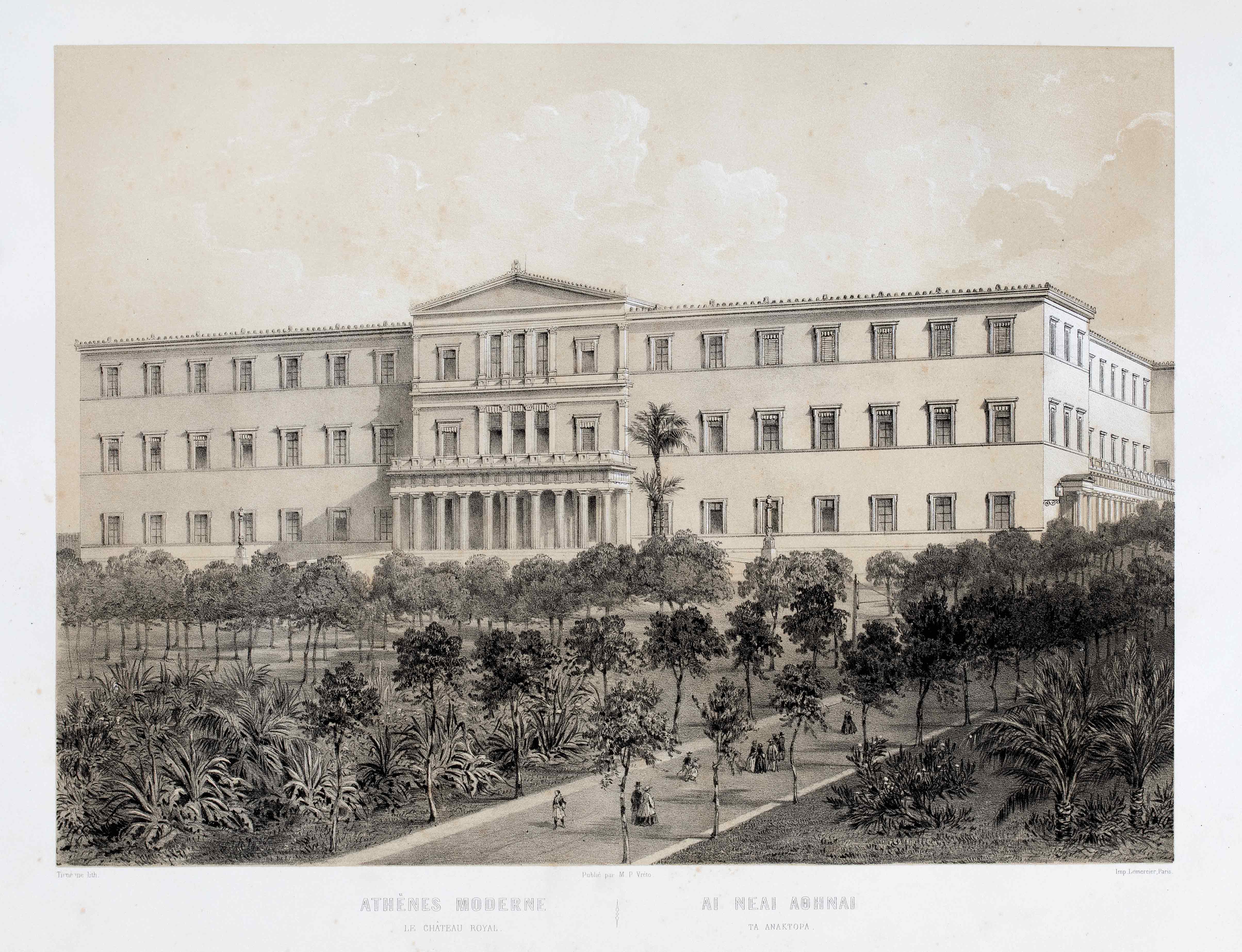 Etching of the Royal Palace in Athens. In the garden, men and women in period clothing.  Picture from the book Modern Athens