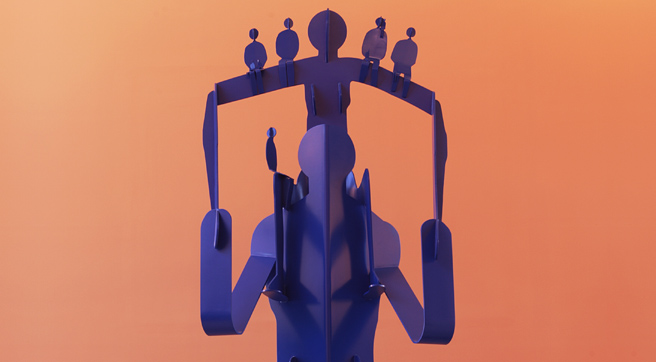 Detail of a blue figure holding on its shoulders a second figure that supports 5 smaller ones.  Detail of a blue figure holding on its shoulders a second figure that supports 5 smaller ones.