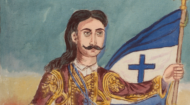 Detail of Markos Botsaris holding the Greek flag in his left hand. Detail of Markos Botsaris holding the Greek flag in his left hand.