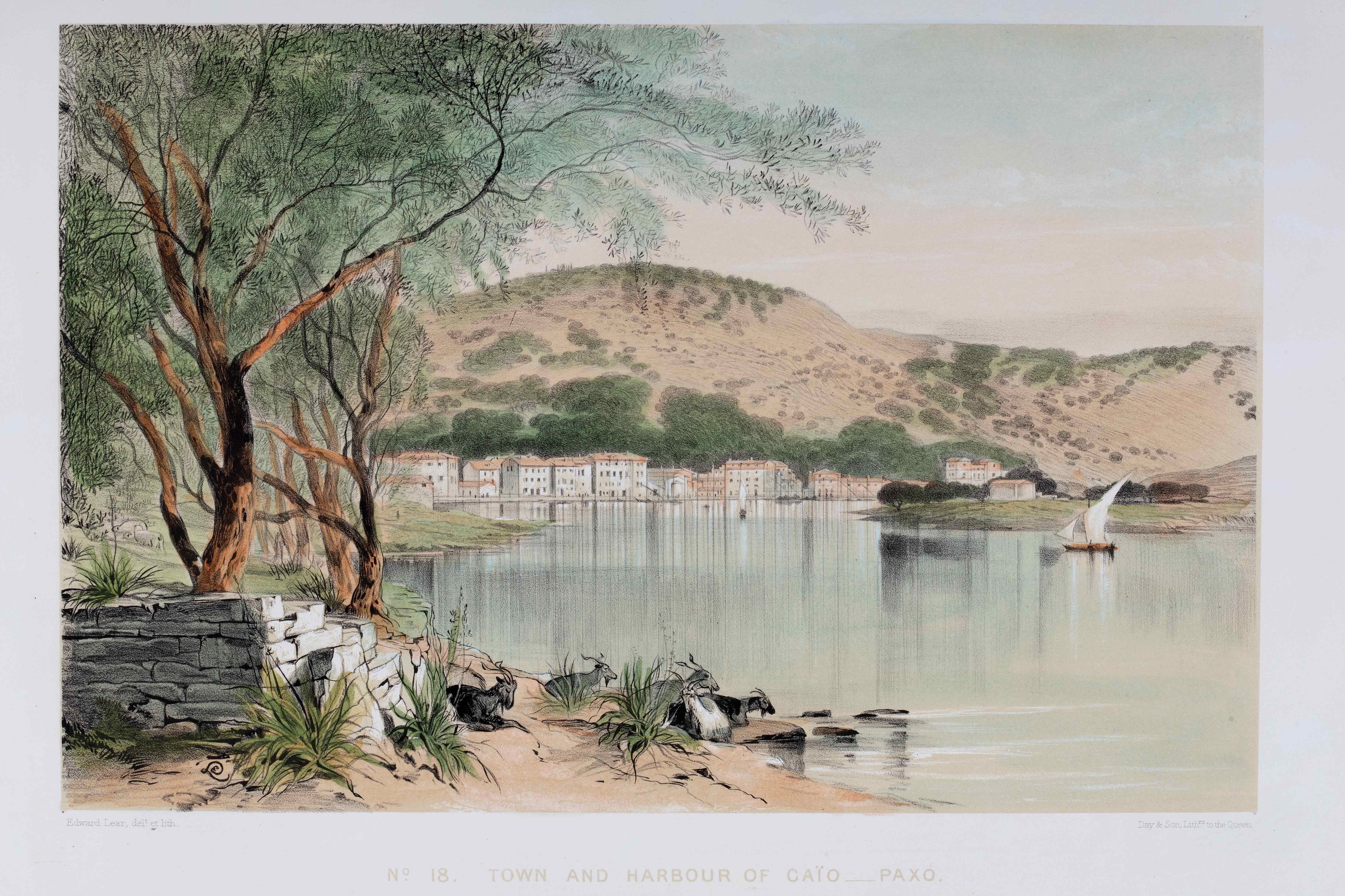 Colour drawing of Port Gaios at Paxos, with goats grazing by the sea.  Illustrations from the book Views in the Seven Ionian Islands