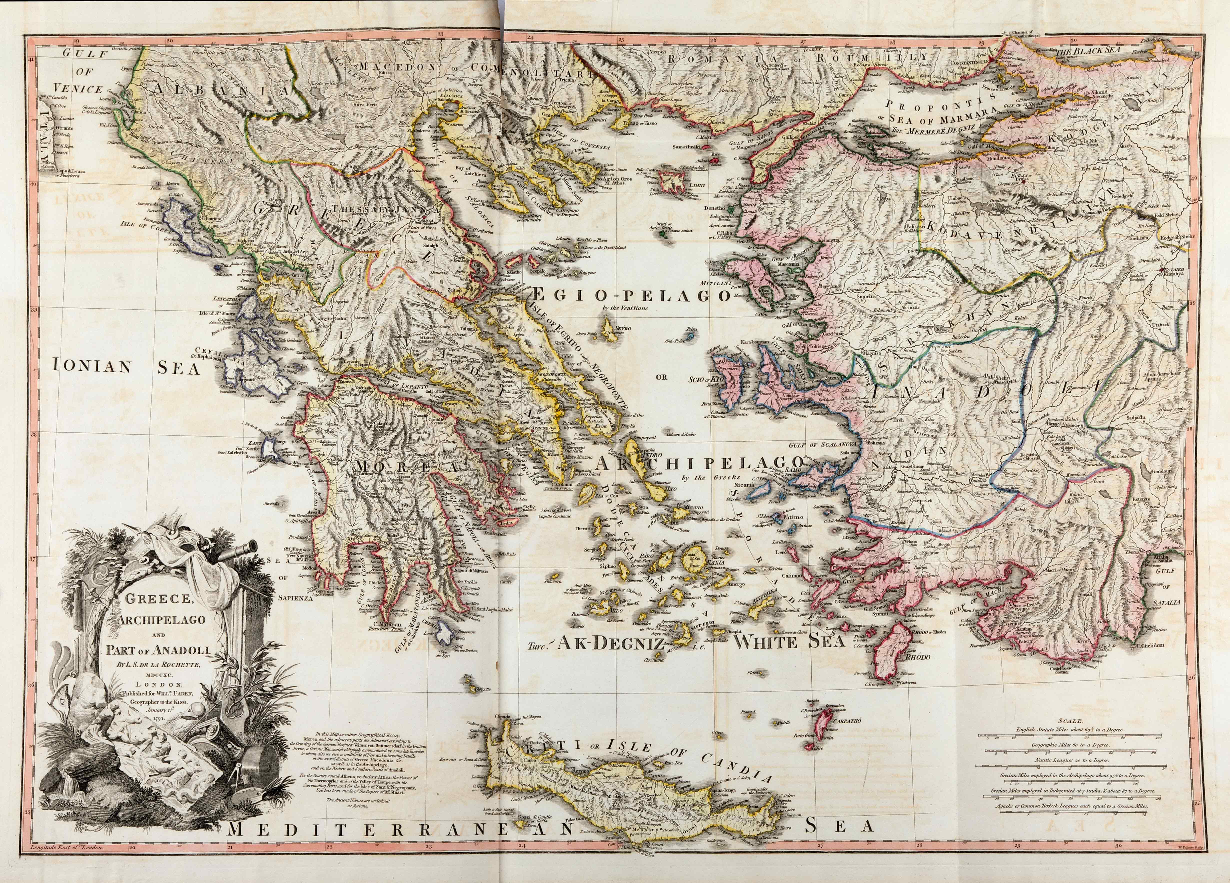 Χάρτης του ελλαδικού χώρου. Περιλαμβάνονται η Κρήτη, τα Επτάνησα και η Μικρά Ασία.  Σελίδα του βιβλίου The Antiquities of Athens. Volume the Third