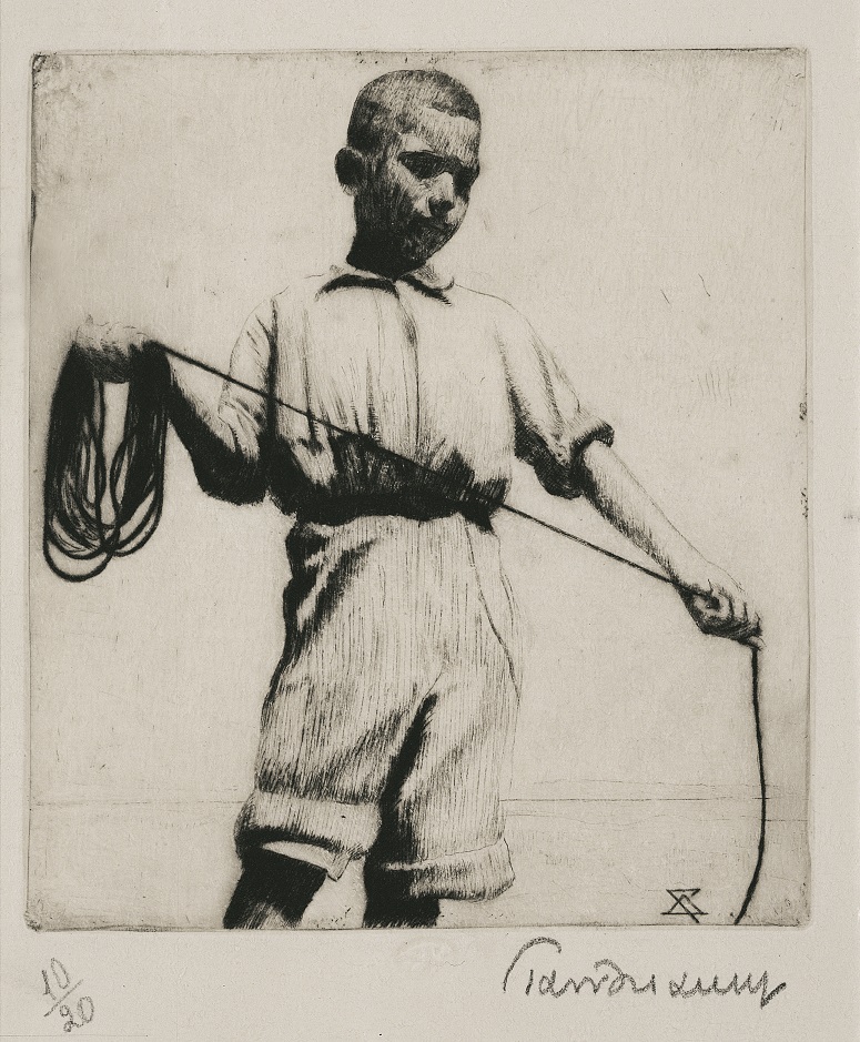 Young boy standing, holding a coiled rope in one hand and uncoiling it with the other.  Young boy standing, holding a coiled rope in one hand and uncoiling it with the other.