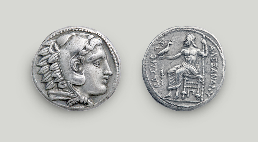Δύο όψεις αργυρού τετράδραχμου Μεγάλου Αλεξάνδρου, Μακεδονία 