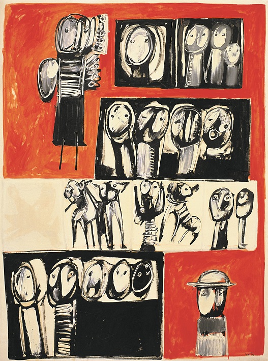 Abstract human figures, in groups within narrow bands. The first is larger, the last wears a hat.  Abstract human figures, in groups within narrow bands. The first is larger, the last wears a hat.