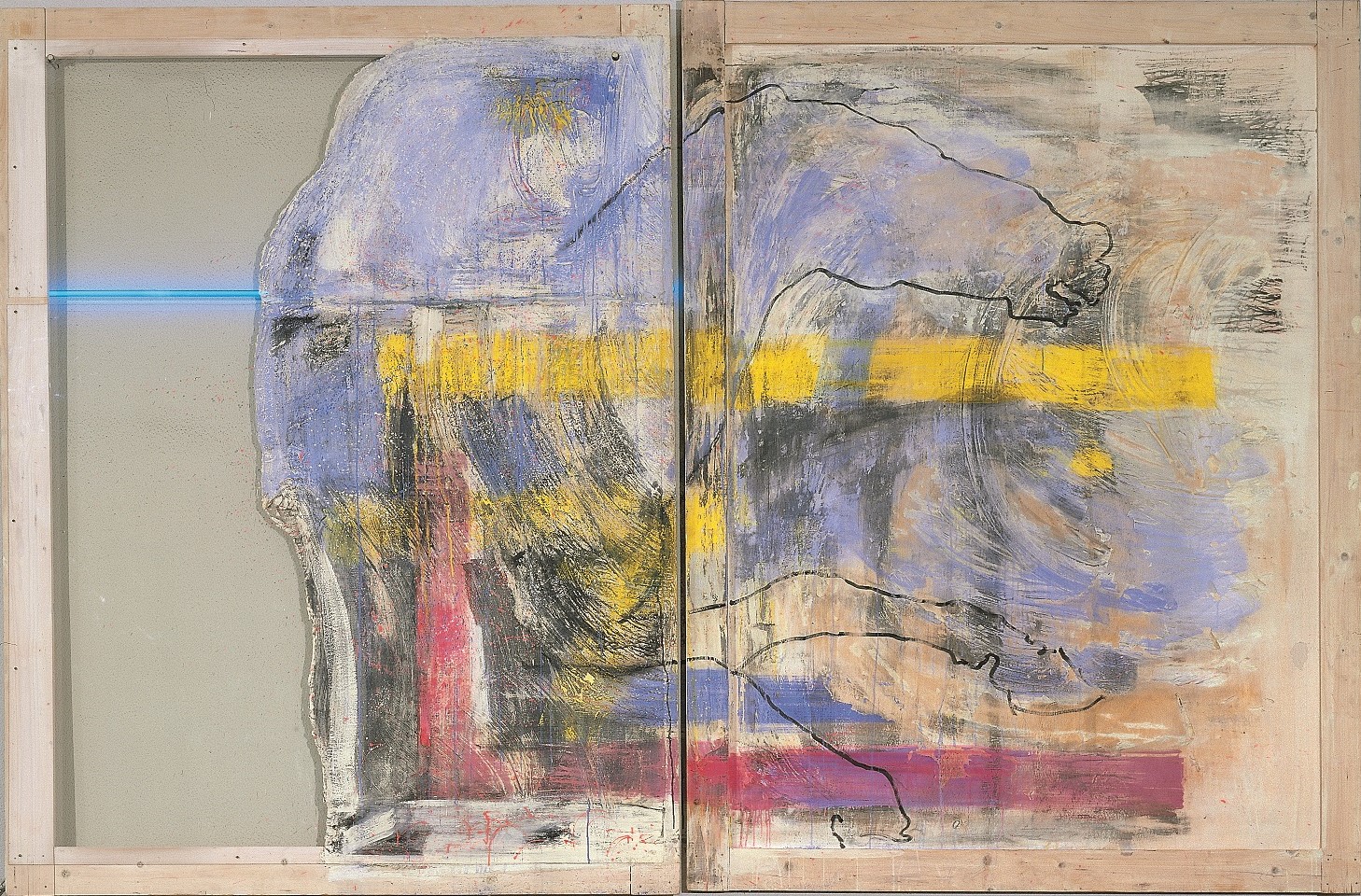 Κατασκευή από ζωγραφικό πίνακα με περίγραμμα αλόγου, ροζ, γαλάζιο, πράσινο και κίτρινο χρώμα, και γαλάζιο λαμπτήρα νέον. Χωρίς τίτλο της Άσπας Στασινοπούλου