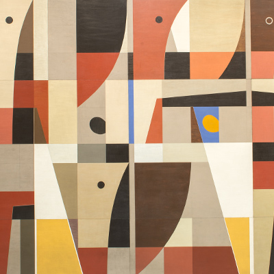 Λεπτομέρεια γεωμετρικής σύνθεσης με καμπυλόμορφα μοτίβα που παρουσιάζει μια εικόνα από ένα εμπορικό λιμάνι