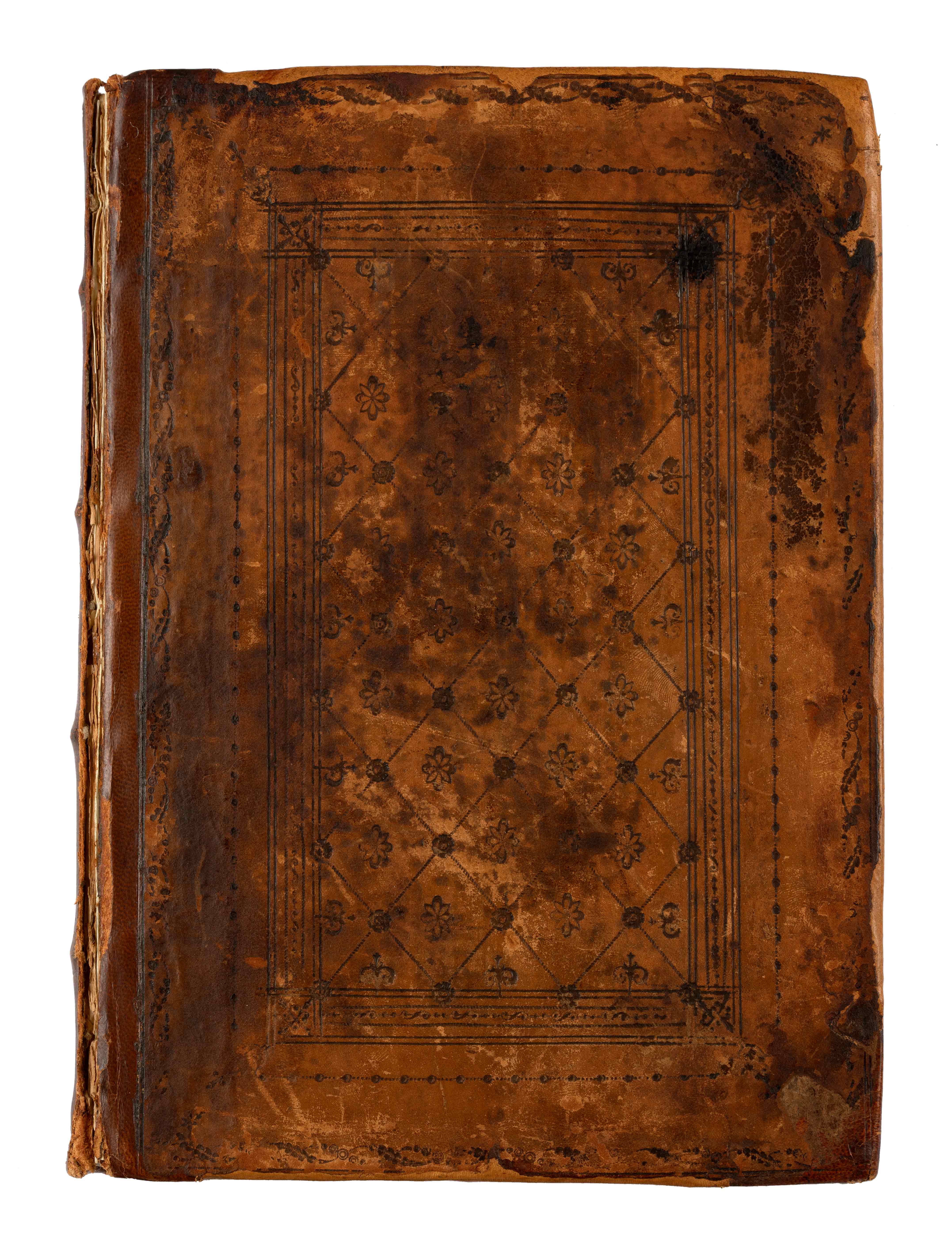 Καφέ, δερμάτινο, φθαρμένο εξώφυλλο, με διακοσμητικό παραλληλόγραμμο πλαίσιο.  Εξώφυλλο του βιβλίου Δημοσθένους λόγοι δύο και εξήκοντα