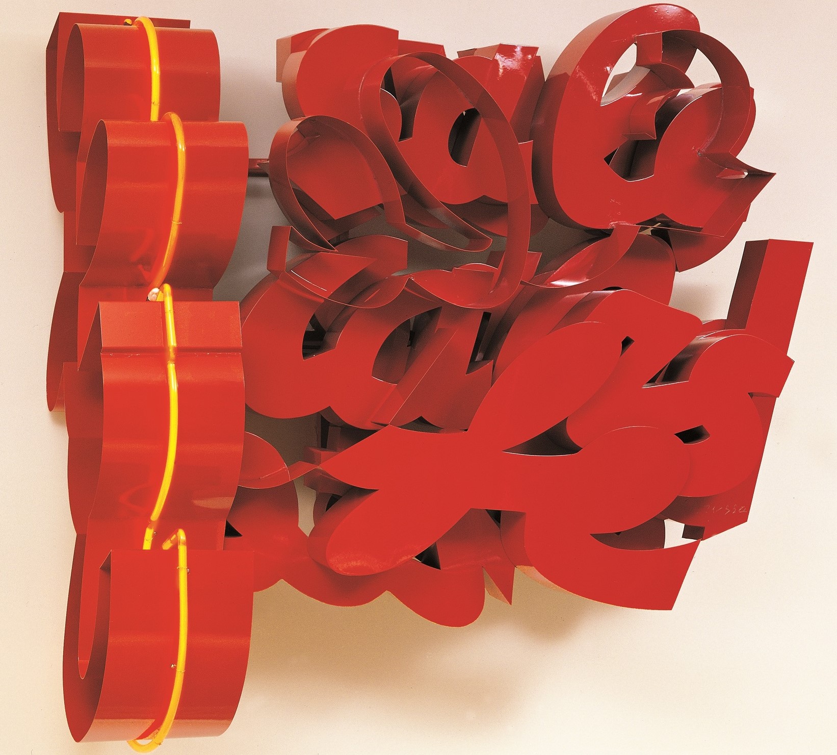 Assemblage made of red aluminium and yellow neon, resembling letters of the alphabet.  Assemblage made of red aluminium and yellow neon, resembling letters of the alphabet.