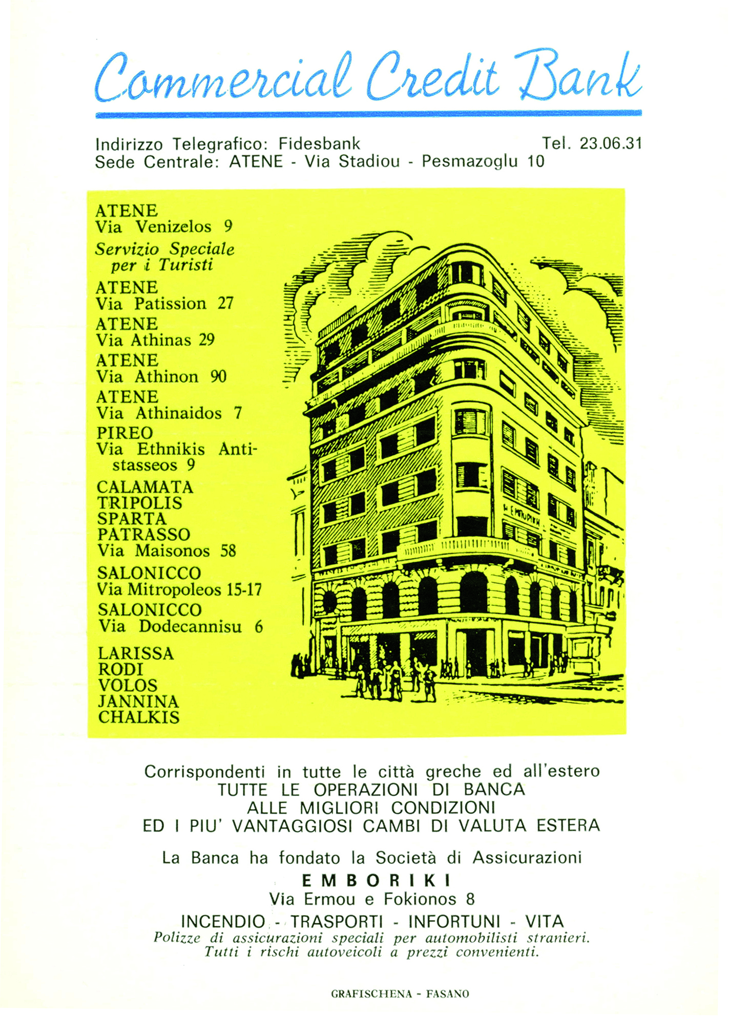 Flyer with information on Commercial Credit Bank in Italian. The headquarters building at centre right.  Commercial Credit Bank flyer in Italian