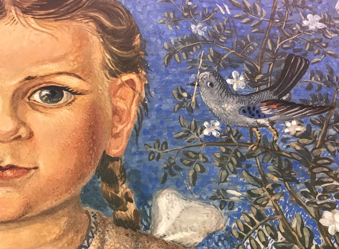 A blue bird to the right of the girl’s head, holding a small branch in its beak.  A blue bird to the right of the girl’s head, holding a small branch in its beak.