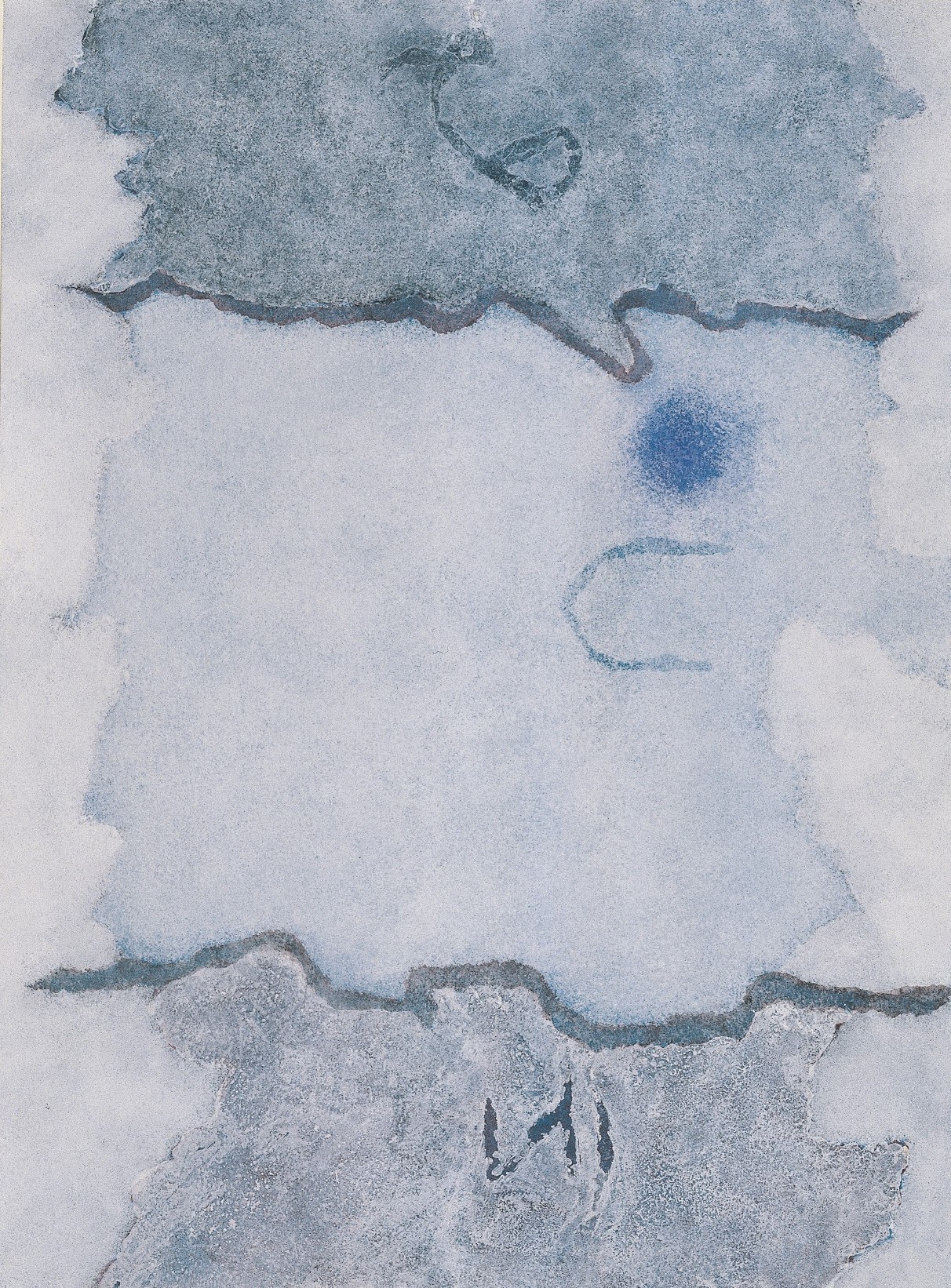 Χρωματισμένη επιφάνεια σε γαλάζιους και γκρι τόνους που τη διασχίζουν 2 παράλληλες γκρι κυματιστές γραμμές. Πίνακας Ατέρμονο Πεδίο για τον Φρήντριχ του Θεόδωρου Στάμου