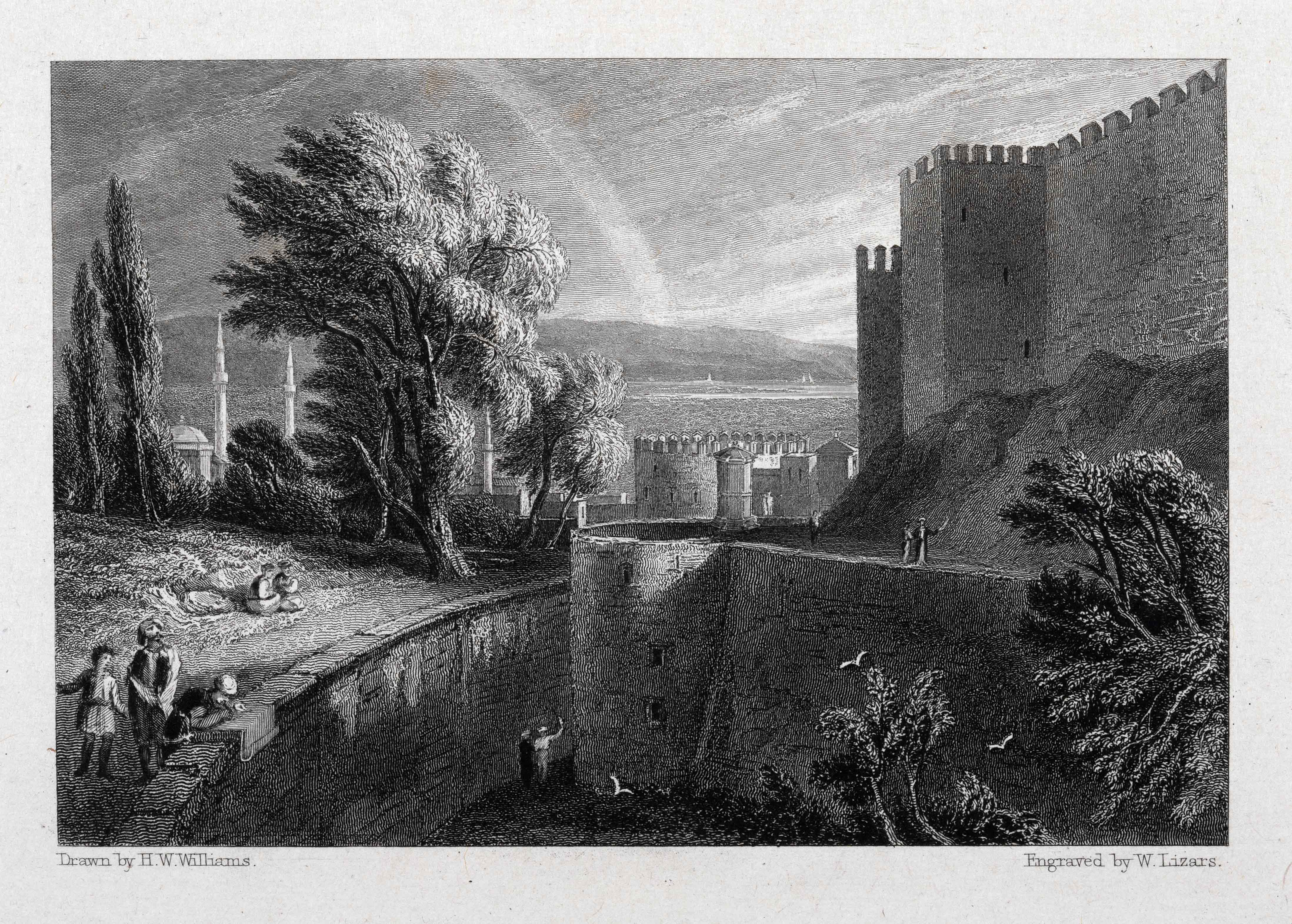 Black and white chalcography print showing a Greek landscape with a castle on the right, people and children on the left.  Chalcography print from the book Select Views in Greece with Classical Illustrations