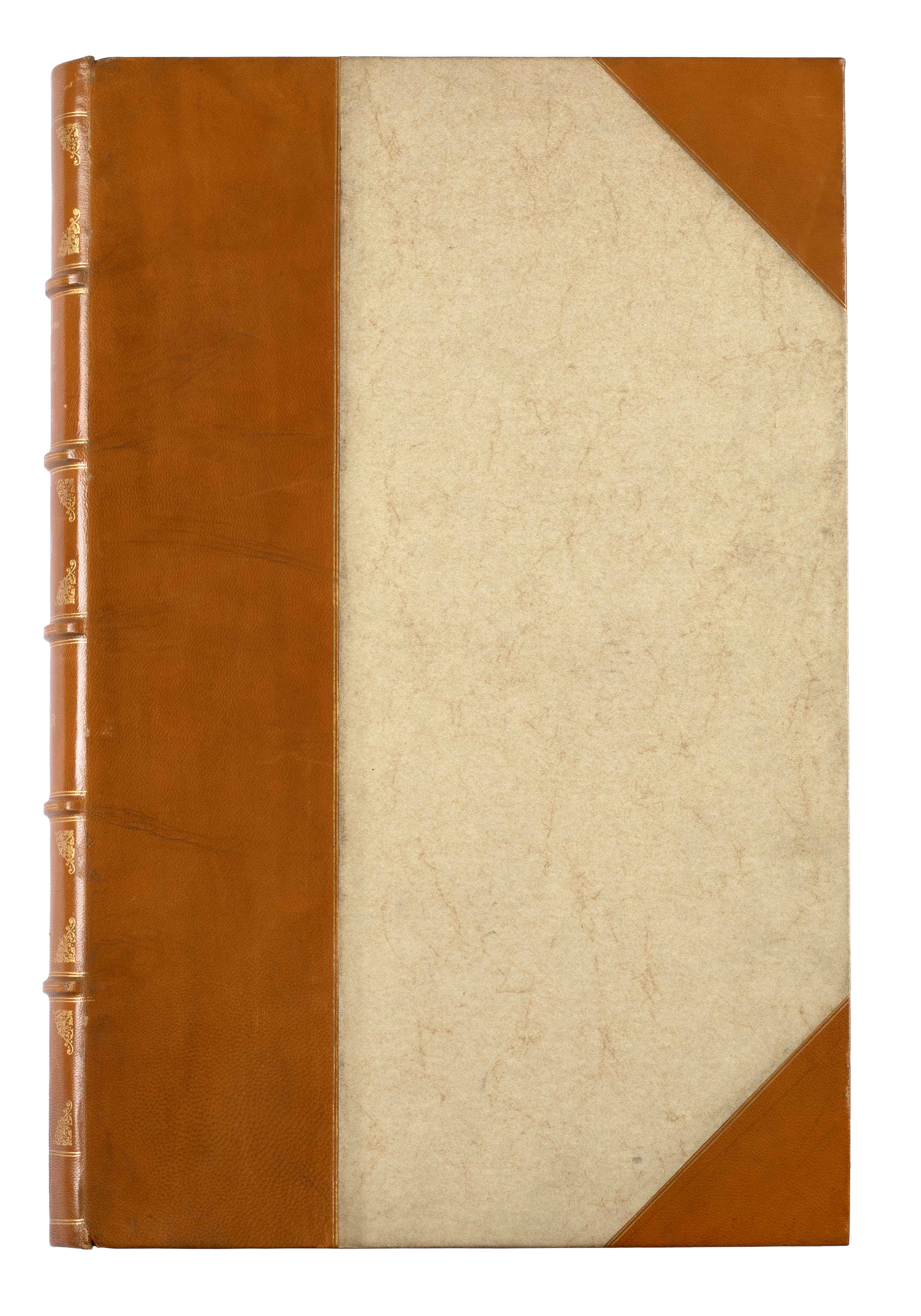 Beige, hardback cover of the book Voyage pittoresque de la Grèce, Tome 1, with leather decorative elements.  Cover of the book Voyage pittoresque de la Grèce, Tome 1
