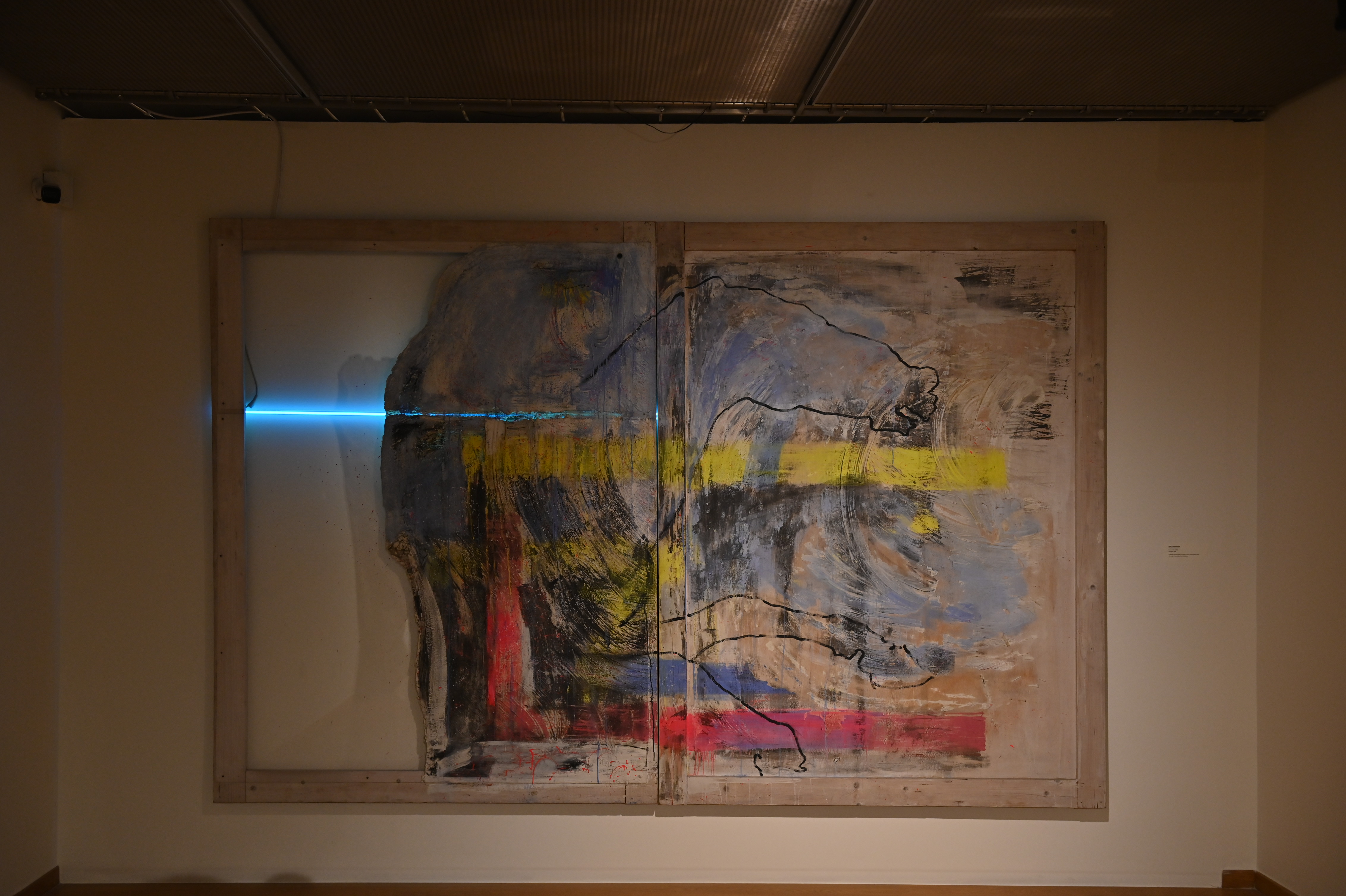 Κατασκευή από ζωγραφικό πίνακα με περίγραμμα αλόγου, ροζ, γαλάζιο, πράσινο και κίτρινο χρώμα, και γαλάζιο λαμπτήρα νέον. Χωρίς τίτλο της Άσπας Στασινοπούλου