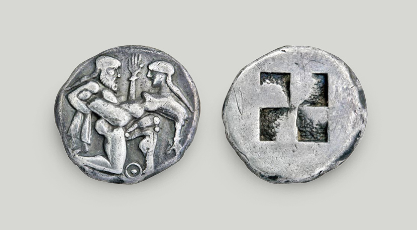 Left: on the obverse, Silenus abducting a Maenad who raises her arm. Right: incuse square on the reverse.  Silver stater, Thasos