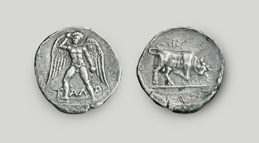 Two sides of Phaistos silver stater. On the obverse the winged giant Talos, on the reverse bull charging right.  Two sides of Phaistos silver stater
