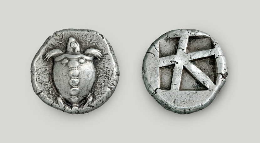 Two sides of Aegina silver stater 