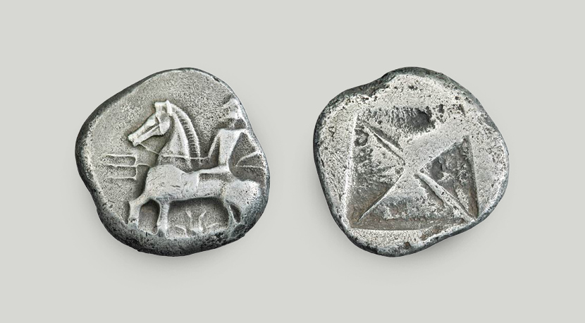 Right: on the obverse, Poseidon on horseback, holding a trident. Left: incuse square on the reverse.  Silver tetradrachm, Potidaea