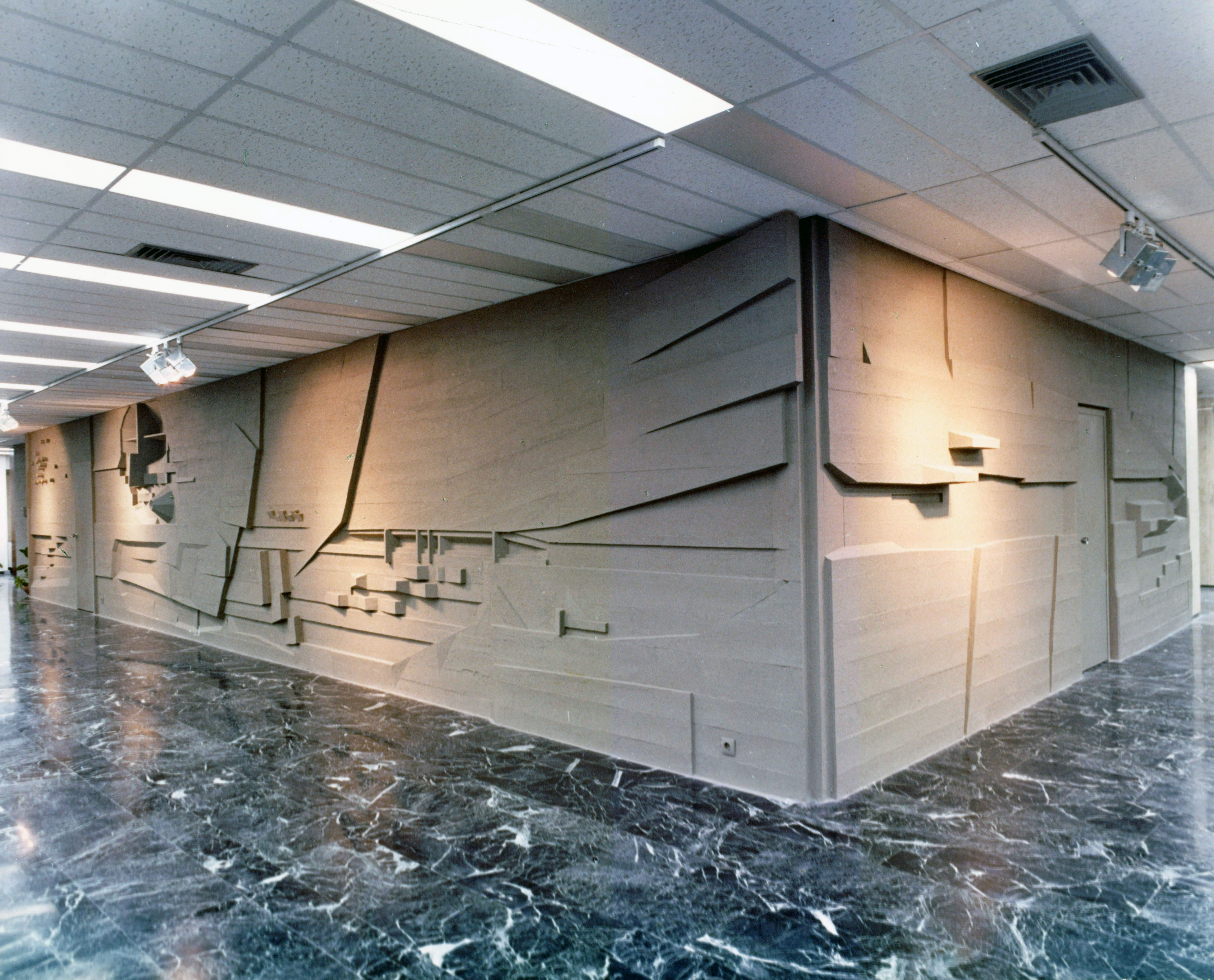 Old picture of wall relief by Cosmas Xenakis 