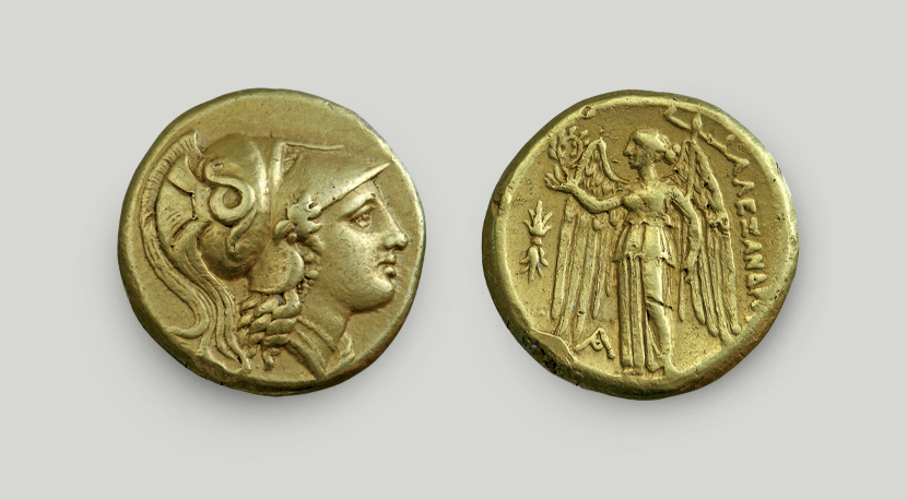 Two sides of Alexander’s gold double stater. On the obverse head of Athena, on the reverse Nike holding wreath and ship mast.  Two sides of gold double stater of Alexander the Great, Macedon